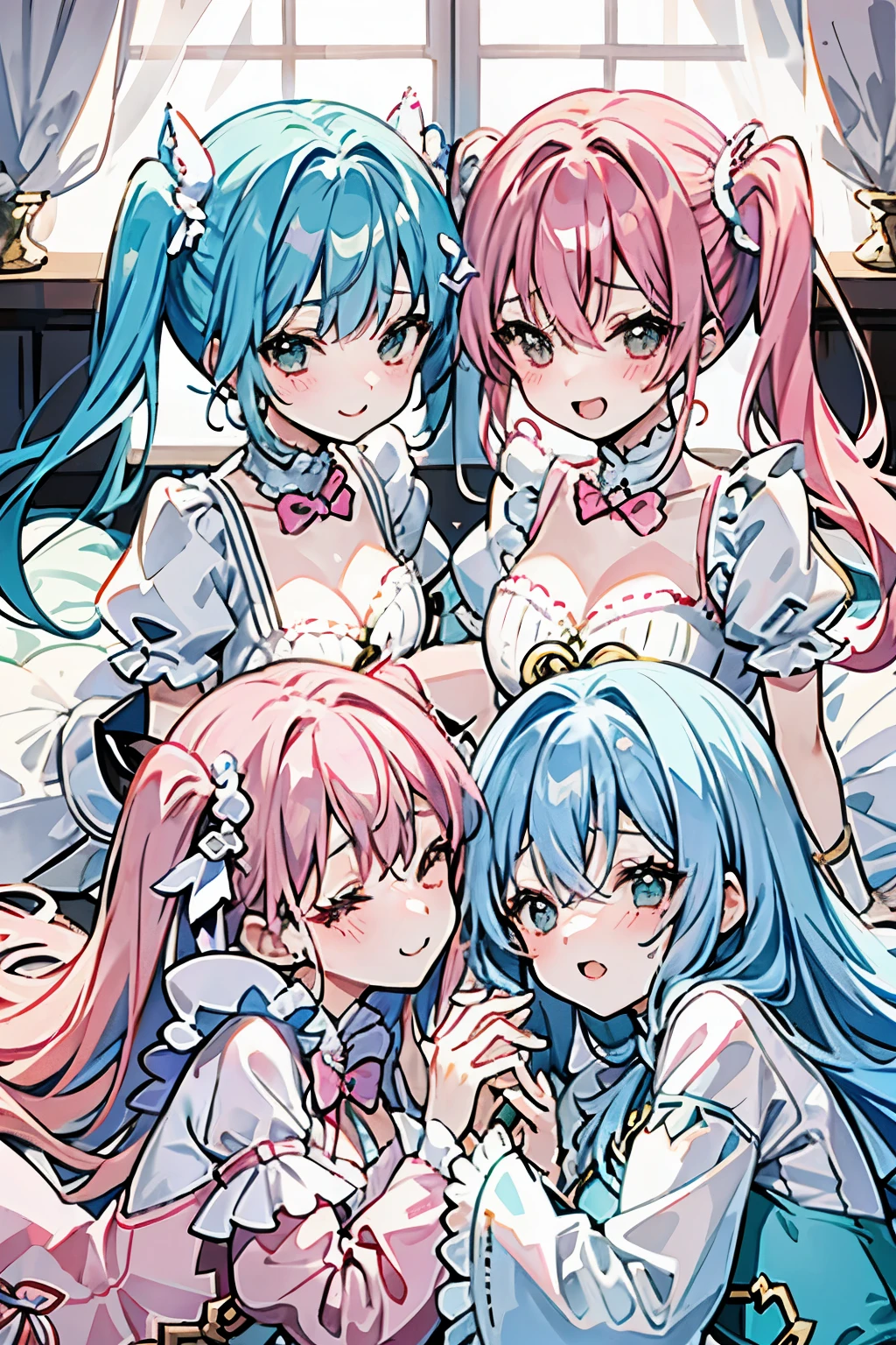 fantasy、Female 、Homosexuals、female✕２
cute、Light blue hair and pink hair、twin tails、
lie down on the bed、slightly erotic