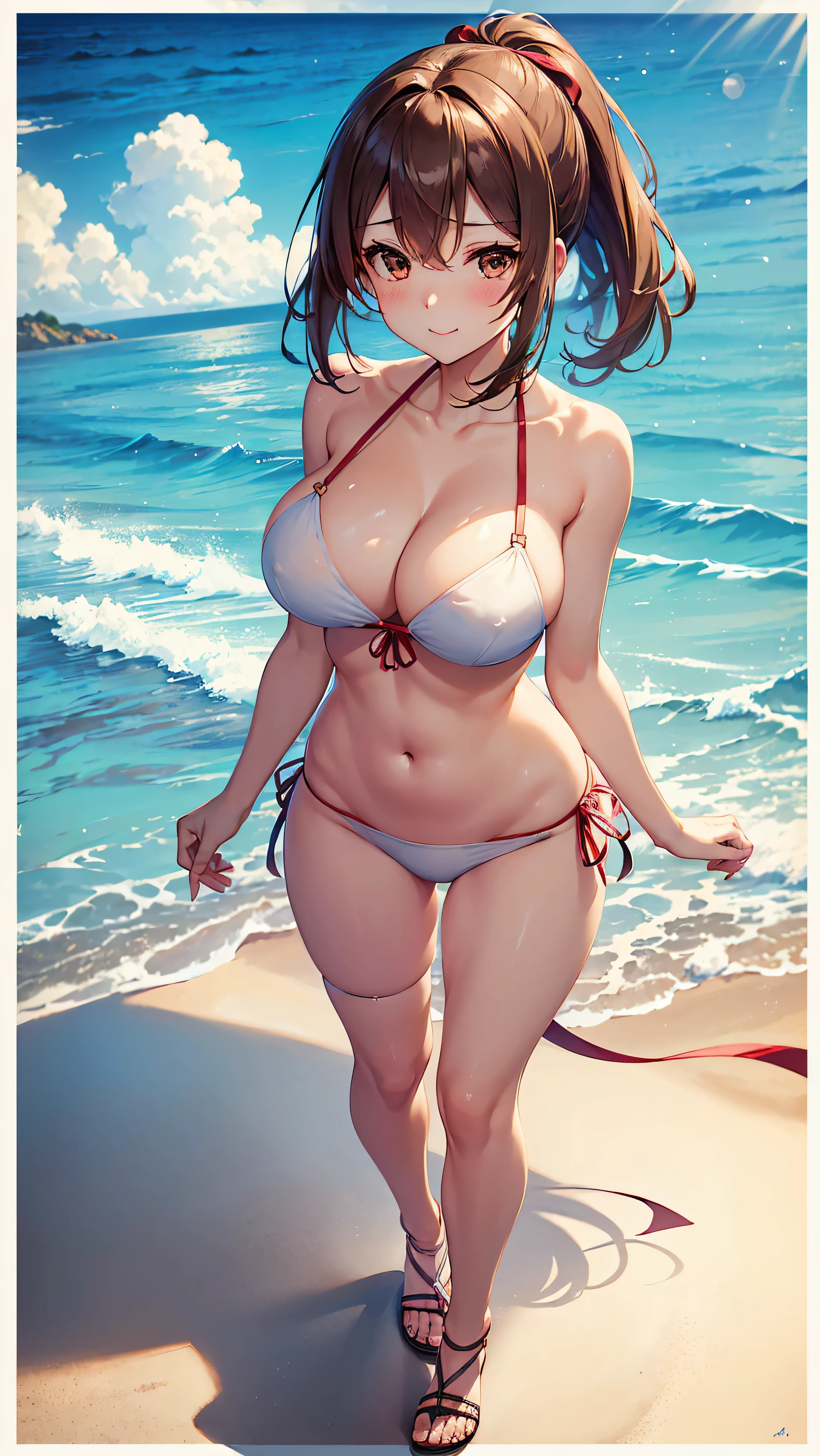 (Masterpiece)), ((Best Quality)), (Ultra Detailed), ((kawaii)), Cute, (pretty), ((Extremely Detailed)), 4k, (8k), Best Quality, (Beautiful ),(((World Class Quality))), Extremely Detailed, High Resolution, (Detailed Shaded Pretty Face), Full Body, Teen, Only, (((????????????????))), (((sagging ???????))) , (summer_suit), (swimsuit), (Official alternative outfit), ((White_??????)), (sarong), (hat,) (Sandals), (thigh_strap), (ship)l, (clavicle), They are smiling, brown heir