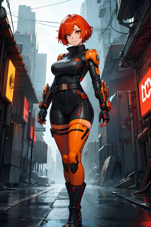 female, red short hair with yellow highlights, orange eyes, (((1girl))), (((orange cyberpunk suit with red trim))), (black cybernetic gauntlets), (black cybernetic boots), (black belt), (cute and sexy, large breasts, large butt, full body, long legs, smiling