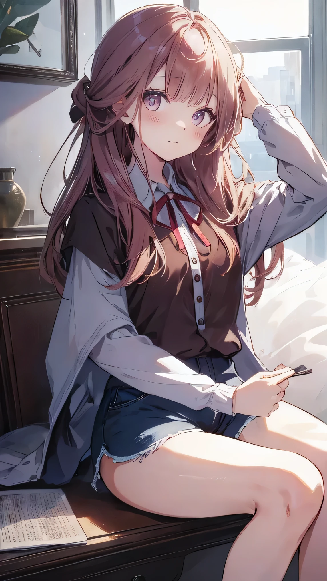 master piece、Highest image quality、highest quality、 ((panic))、glossy hair quality、small face、sitting、Super detailed and beautiful bright eyes、Super detailed clear and beautiful face、(cute illustration:1.2), High-resolution, ultra-detailed, best quality, embarrassed、(Gaps in shorts)、(cute underwear)