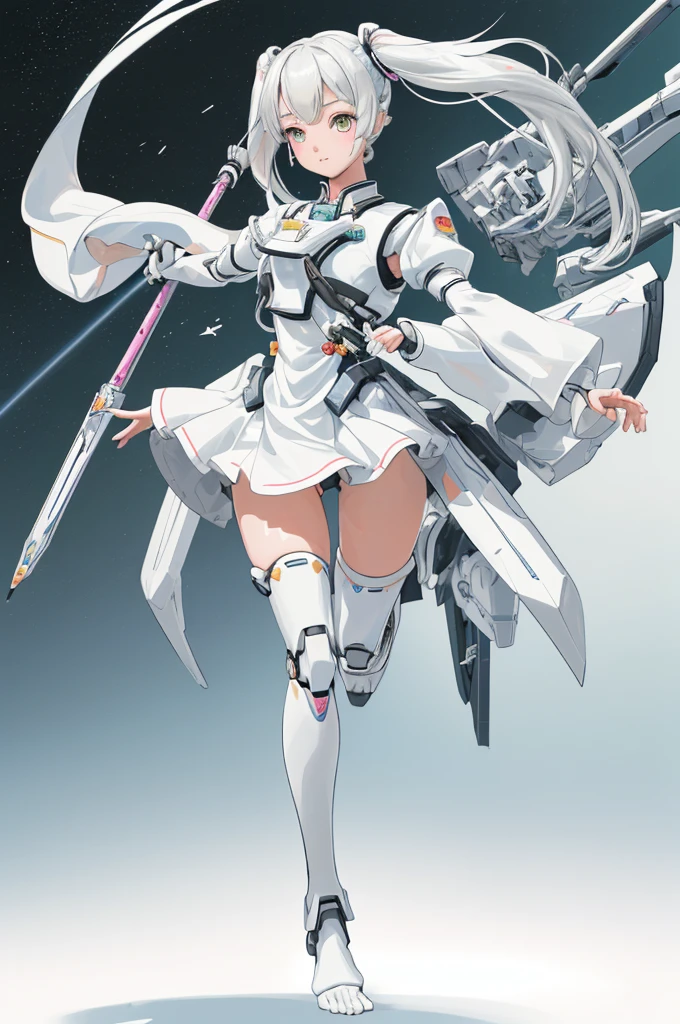 High resolution, high resolution, high definition, 8k. Perfect face.perfect feet perfect hands, perfect feet,A-Mecha Musume.1 girl.solo,white paper,twin tails,long, carrying a spear;Outside the spaceship, background space,