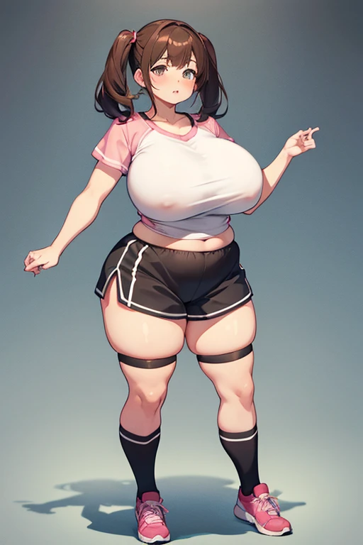 chubby girl, brown hair, short twintails hairstyle, curvy, wide hips, huge breasts, plump, full body, shortstack, short shorts, pink tennis, long stripes kneesocks,