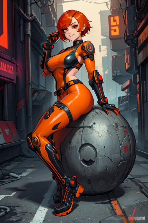 female, red short hair with yellow highlights, orange eyes, (((1girl))), (((orange cyberpunk suit with red trim))), (black cybernetic gauntlets), (black cybernetic boots), (black belt), (cute and sexy, large breasts, large butt, full body, long legs, smiling