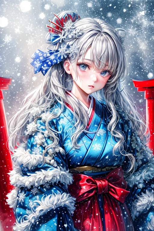 ((worst quality, low-quality)), ((a girl in)), Solo, (a closeup:1.3), (facefocus:1.4), ((half updo, Silver hair)), clear eyes and plump, plump lips, Beautiful light blue eyes):1.2), Spoken Heart, (perfect hand:1.3), (traditional Japanese clothing:1.2), (Wearing a kimono with a dragon pattern, Delicate and detailed embroidery:1.3), embarrassed, Standing, Looking at Viewer, Head tilt, (Snowflake, Falling snow:1.5), (light Particle, light glow:1.4), (( Japanese torii gate background)), high-angle shot, masutepiece, Best Quality, ultra-detailliert,