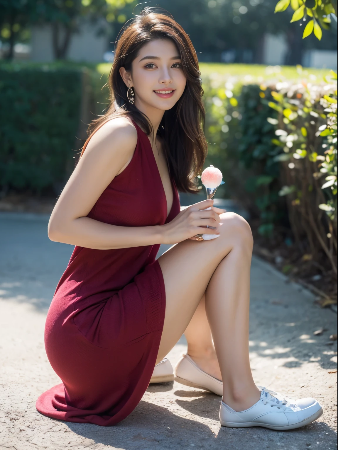 ((((maximum quality))))、(((CG16K Ultra Precision Wallpapers)))、(((obra-prima)))、(((ultra-detalhado)))、(((Detalhes ultra-extremos)))、uma mulher、uma mulher madura、mulher de 24 anos、((cara japonesa))、((rosto extremamente lindo))、(cortes bob:1.2)、(cabelo encaracolado)、bangs up to the eyebrows、lindo cabelo castanho、lindos olhos delicados、olhos castanhos、nariz arrebitado、narinas pequenas、SEXY LIP、lindos seios、Seios tamanho copa C、decote do peito、Beautifully proportioned proportions、anatomia perfeita、Sombreamento bonito e detalhado、beautiful natural lighting、Brilho lindo detalhe、profundidade de campos、(((um alto croma)))、((realista:1.9))、((Vivid：1.4))、((pele bonita))、((textura da pele))、dynamic ungle、((full body angle))、((Front angle))、((Sorriso))、sol brilhante、((parado no parque))、(desfoque de fundo)、((Vestido de malha com gola alta cor vinho tinto))、(sem mangas)、(Faixa branca)、((2 pernas bonitas))、