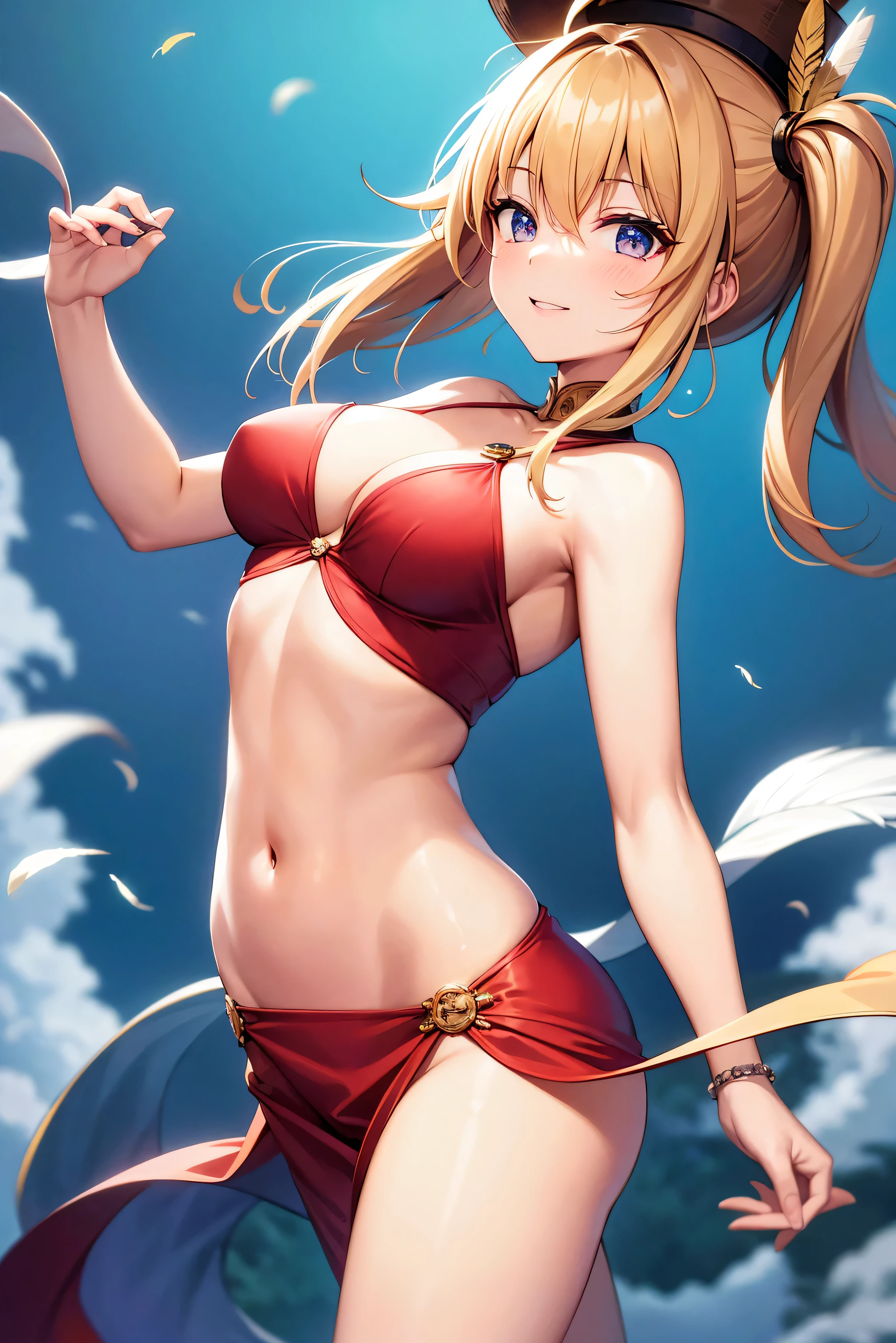 masterpiece, best quality, highres,
solo, 1girl,
gotou1, gotou hitori,bangs, hair between eyes,
see throuh,medium breasts,navel,
(wearing samba dance dress:1.3),4k, head:1.3,hat,Feather hat,feather hair band,Hair ornaments,(Feather:1.2)
dancing,
Split lips,slight smile,
,