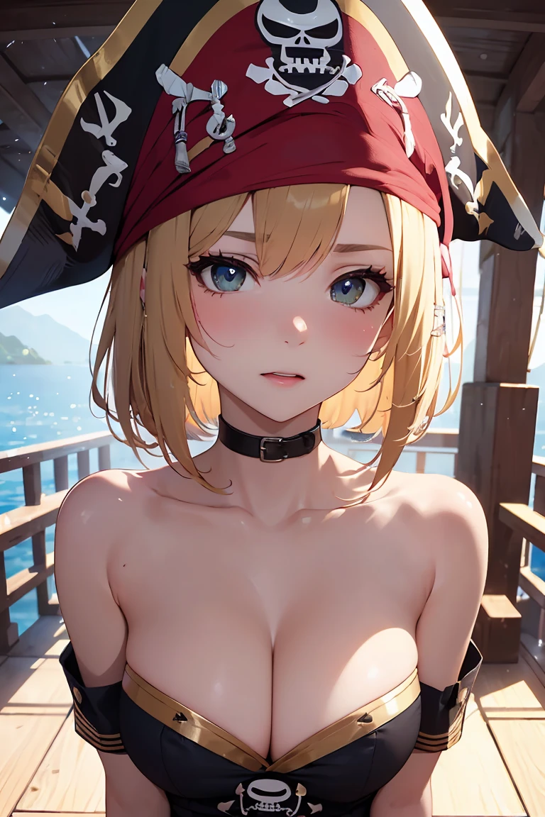 masterpiece, absurdres, best quality, ultra detailed, high Resolution, detailed illustration, bright colour, (extremely beautiful detailed face and eyes, Delicate beautiful face, 1 girl, cute face:1.3), (magenta eyes:1.1), sparkling eyes, big eyes, medium breasts, (perky breasts:1.1), (pointy breasts:1.1), medium hips, glamorous body, white skin, BREAK, long bob cut, (blonde hair:0.8), messy hair, detailed hair, shiny hair, BREAK (undressed, Pirate:1.5), (pirate ship, SEX:1.3), perfect lighting, (embarrassed:1.5), (ecstasy, vulgarity:1.5), (trembling:0.8),