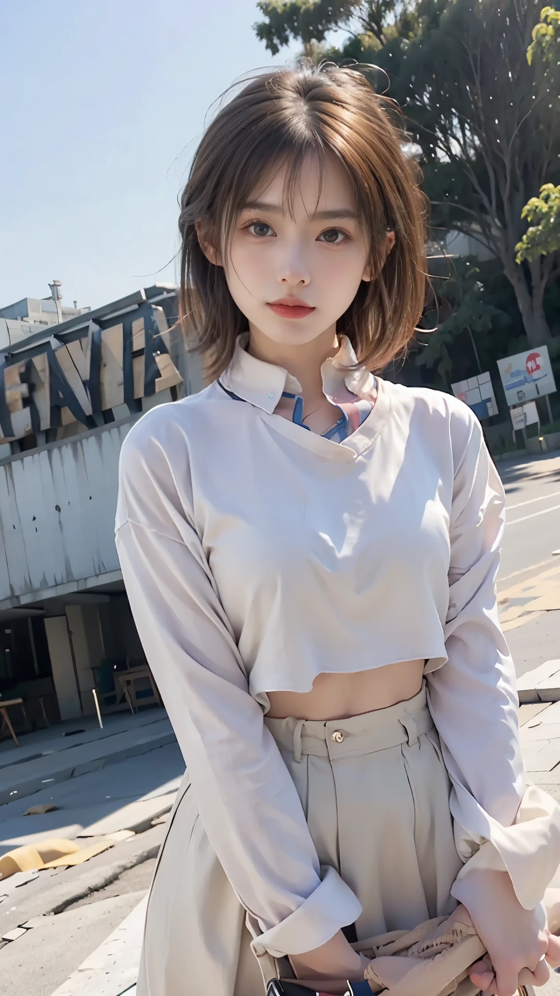 light brown hair、brown hair、hair between eyes、hair behind the ear、short hair、white shirt、uniform、front、negative space、Lens flare、Bokeh、 wide angle、超wide angle、f/1.8、35mm、realism、Depth of the bounds written、futuristic、UHD、retina、masterpiece、correct、anatomically correct、textured skin、super detail、high detail、high quality、 最high quality、High resolution、8K、cyber punk、超futuristic、Digital、on top of the building、Blowing in the wind、fluttering skirt、POV、Reaching out to the audience