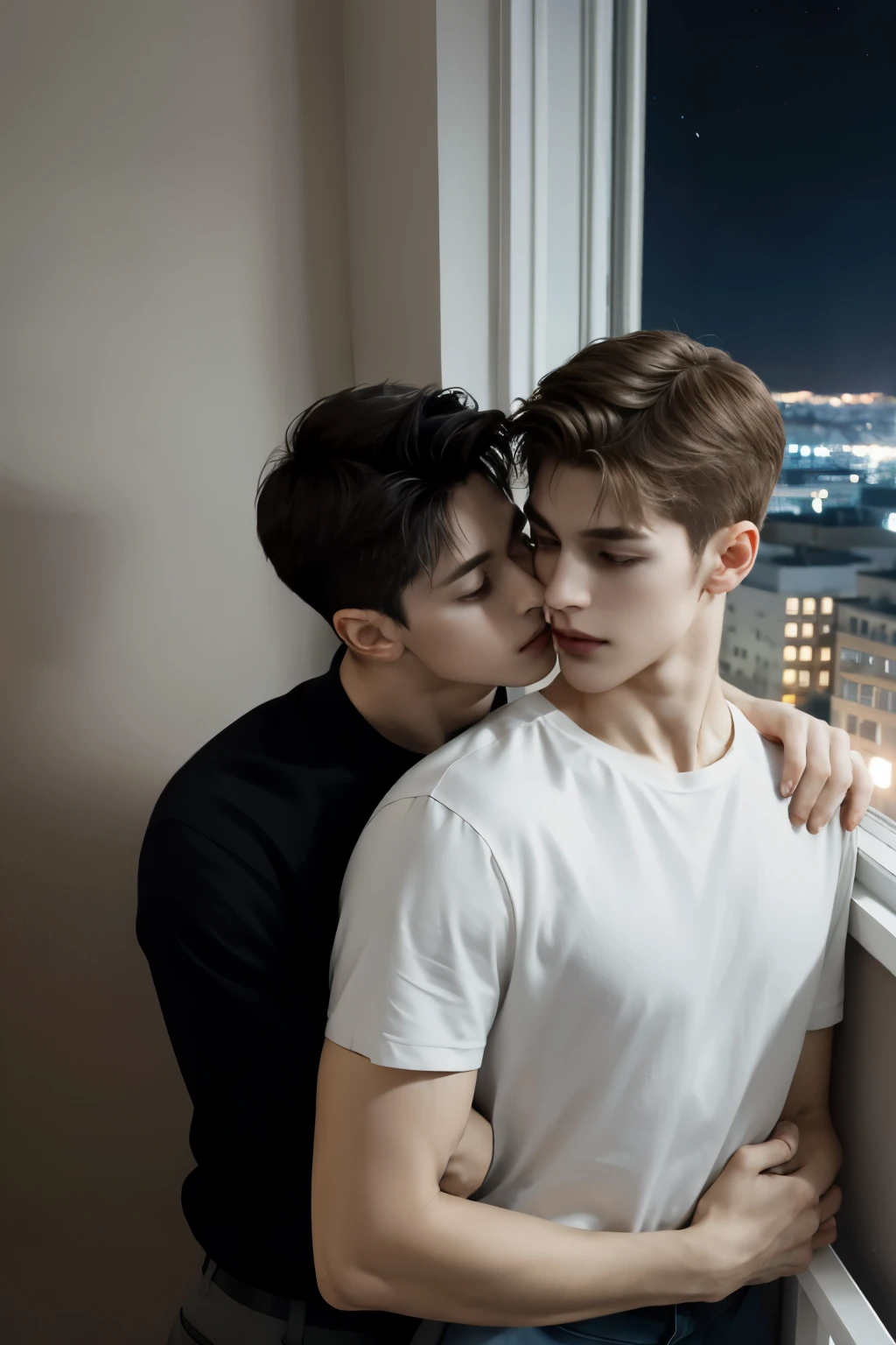 High image quality, two beautiful men, delicate eyes, thin muscular, tall, high stature, random hairstyle, bedroom, hugging from behind, trying to kiss, windowsill, nightfall, night view, romantic,