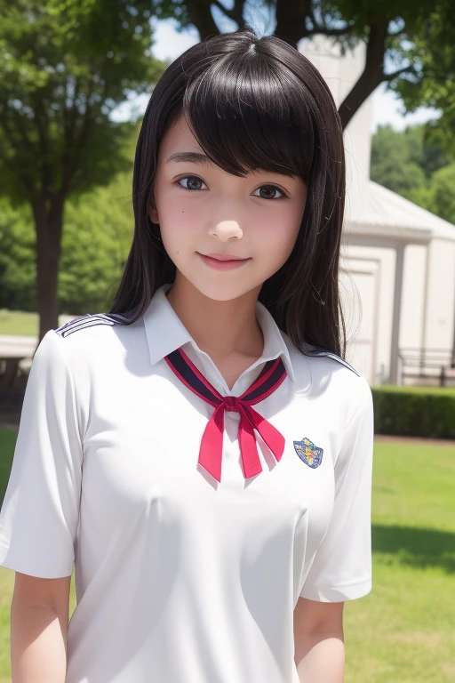 Wearing a white summer uniform with the school emblem on the left breast、A middle school student blushing shyly and opening his mouth、Her uniform is thin and she is not wearing any underwear, so her nipples are clearly visible.、The nipples are very large and protruding、Her nipples are so big that they are clearly visible even under her clothes.、wearing a white uniform、The school emblem is on the left chest.、Her nipples are so big that they stick out and can be seen through her clothes.、Wearing a white summer uniform with the school emblem embroidered on the left breast、Japanese、