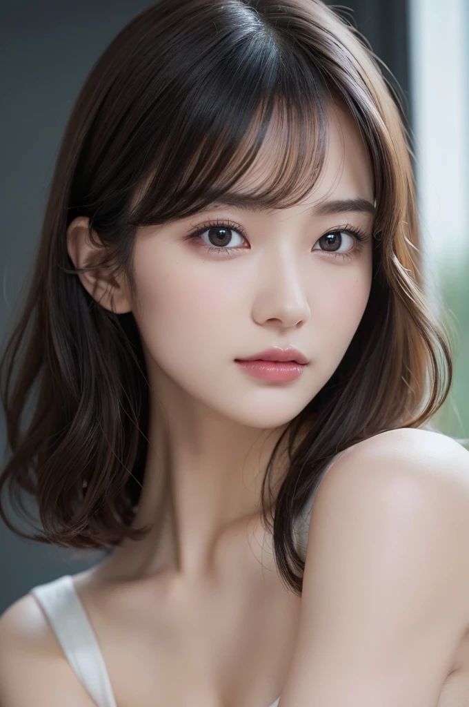 (close:1.5), (highest quality, 4k, masterpiece:1 ), Beautiful woman, Woman 1 Mature Woman Person, very detailed face, lip details, detailed eye, double eyelid, Japanese, (RAW photo, highest quality), (lifelike, realistic:1.3), masterpiece, very delicate and beautiful, very detailed, nsfw, nipple, unity, 8k, amazing, Detailed details, Super detailed, High resolution, absurd, soft light, （dark black hair, short hair, curly hair, messy hair, bangs, detailed beautiful girl, finger details, highly detailed eyes and face, beautifully detailed nose, detailed and beautiful eyes, （light shines on your face）, look at the audience, （closed）mouth:1.2), 1 girl, adorable, your natural face, white skin, (Half body:1.3, Sedentary posture), (medium breasts), lifelike face, realistic body,