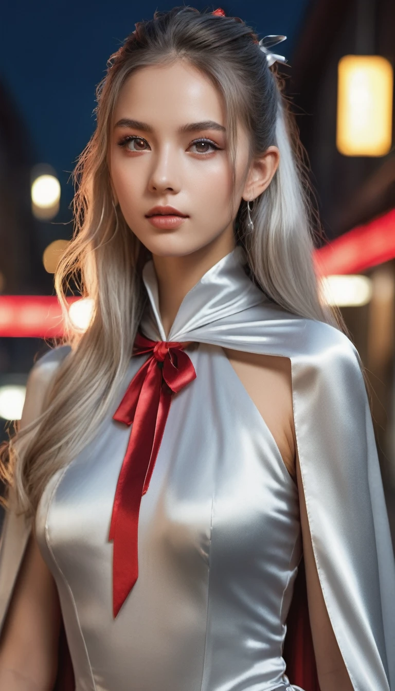 (RAW Photo) , (highly detailed:1.20) , ultra realistic :1.10) , gorgeous girl in her 20s , (perfect face:1.20) , (detailed red eyes:1.20) , with long silver hair in ponytail , (((long silver satin cape tied at the neck with a ribbon :1.20))) , silver minidress , full body, walking down street at night , high-quality ultra realistic style, detailed eyes, professional, expressive , 8K , highly detailed , professional,