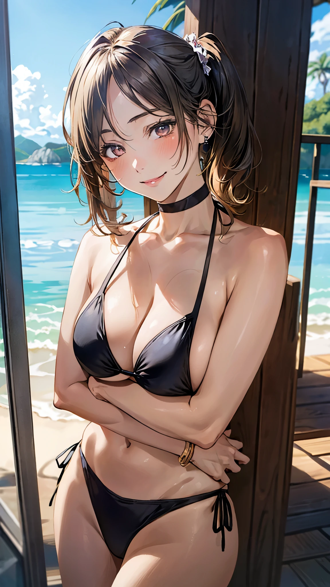 (masterpiece:1.2, top-quality), (realistic, photorealistic:1.4), beautiful illustration, (natural side lighting, movie lighting), nsfw:1.2,
looking at viewer, cowboy shot, 1 girl, japanese, gravure Idol, high school girl, perfect face, cute and symmetrical face, suntan, shiny skin, slender,
(short hair:1.2, twintail:1.2, blonde hair), parted bangs, gold eyes, long eye lasher, (large breasts:0.6), black hair chouchou,
beautiful hair, beautiful face, beautiful detailed eyes, beautiful clavicle, beautiful body, beautiful chest, beautiful thigh, beautiful legs, beautiful fingers,
((light pink bikini), choker, wrist chakra),
(beautiful scenery), tropical beaches, (extremely sexy), (lovely smile, upper eyes),