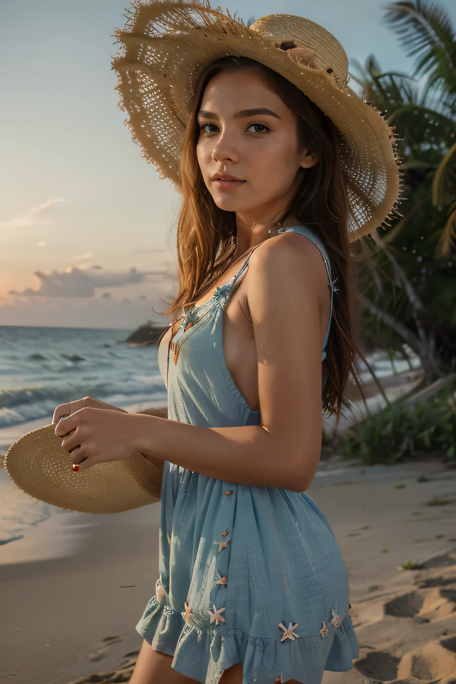 (masterpiece:1.2), (best quality:1.3), shallow_sunset, 1girl, standing, cowboy_shot, straw_hat, swimsuit, dress, shorts, flower, starfish,