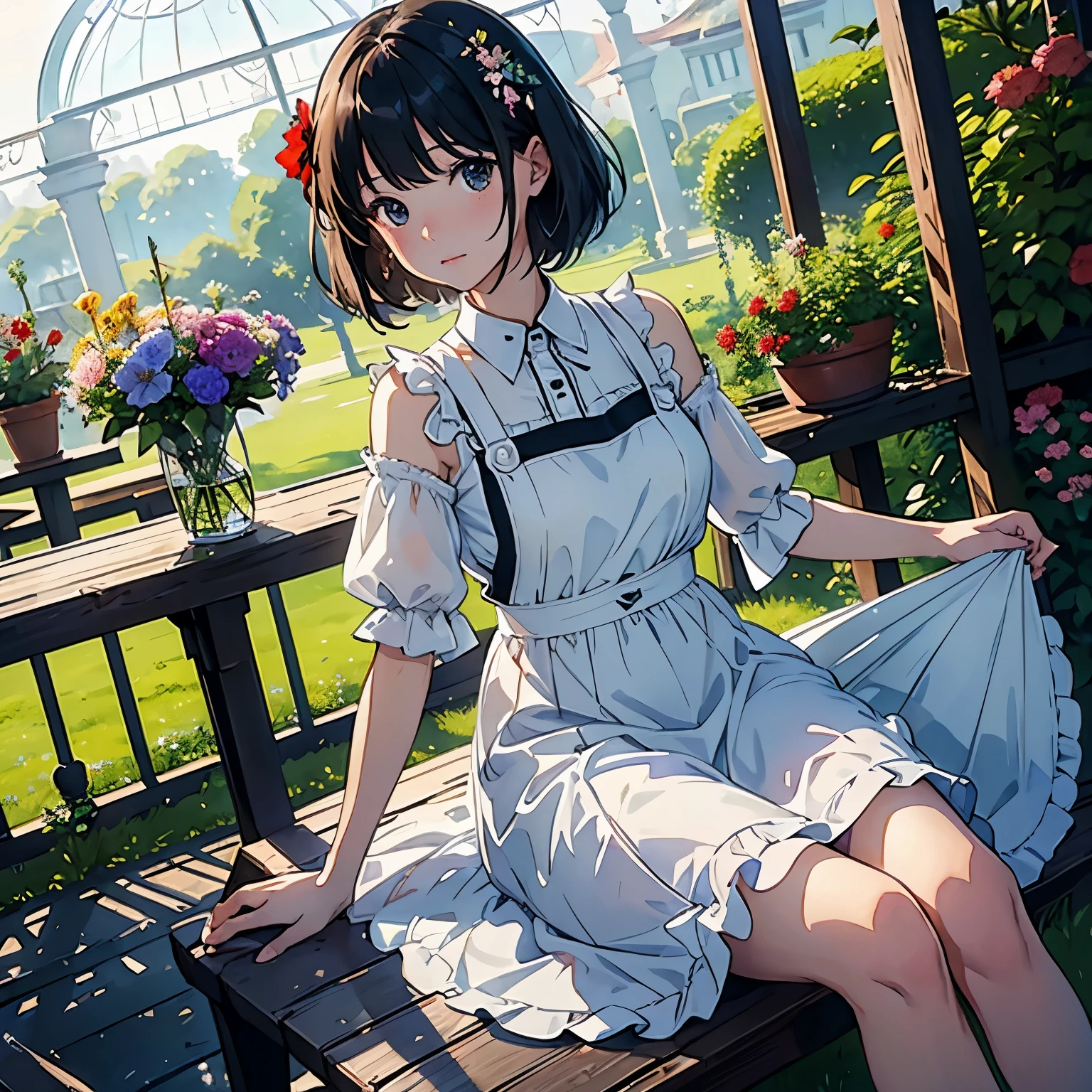 (highest quality、masterpiece、High resolution)、(Sargent style watercolor)、(anime art)、(1 woman)、18-year-old、Taking care of flowers、watering、medium short hair、black hair、braided hair、apron dress、White blouse and long skirt、cinematic light、soft light、A botanical garden in a giant glass dome、squirt、gazebo、bench、(lots of flowers)、A garden with dancing petals、butterfly々is flying、blur the background、