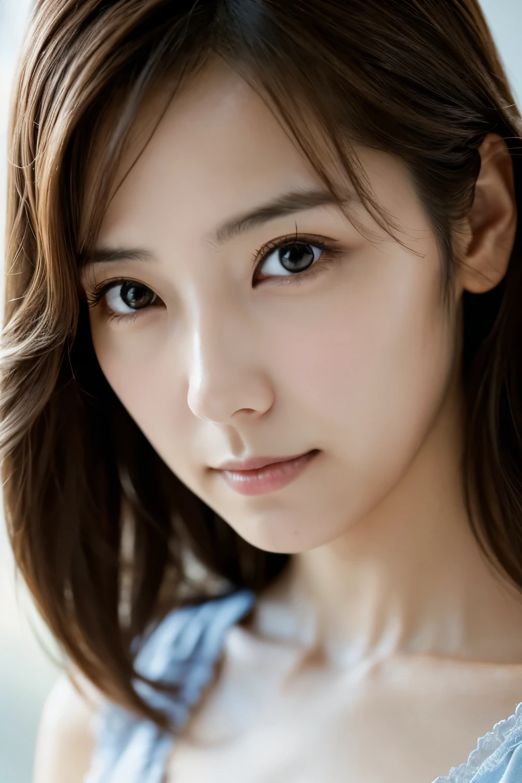 cinematic color, Skinny Japanese woman, 30 years old, cute face, detailed face, detailed eyes, (best quality, ultra-detailed), feminin lighting, messy hair, wearing lingeries, delicate features, dreamy atmosphere