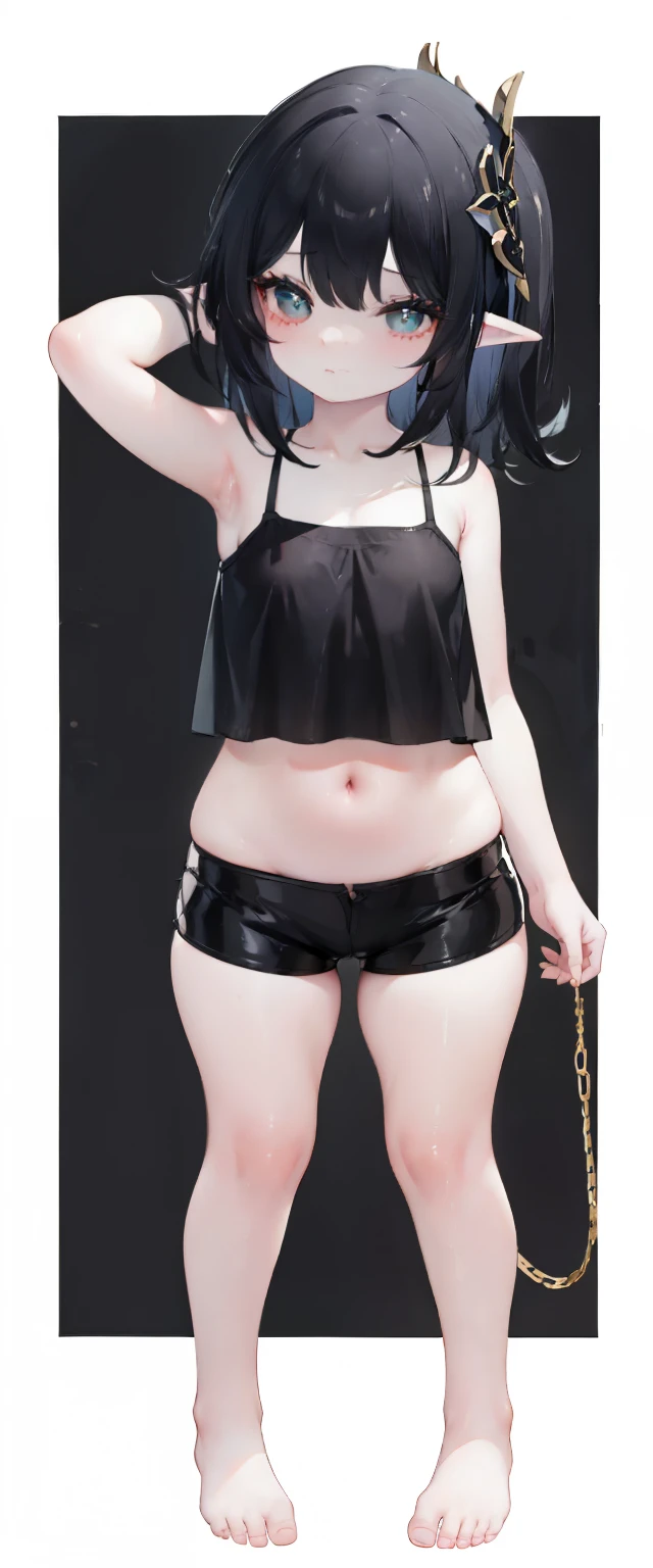 ,child,cute,black hair,thick thigh ,short leather pants,black mini camisole, thick thighs,flat chest,black color tank top,black mini camisole,crop top, Nahida, loli,child,flat chest,fullbody, thick thighs, blushing,loli,child, standing straight, head to toe capture on the frame,loli,,loli toes,bare feet,, ,white background, cute,open abdomen,perfect body ratio, body ratio, white background, front facing, looking at viewer, ,, baby girl