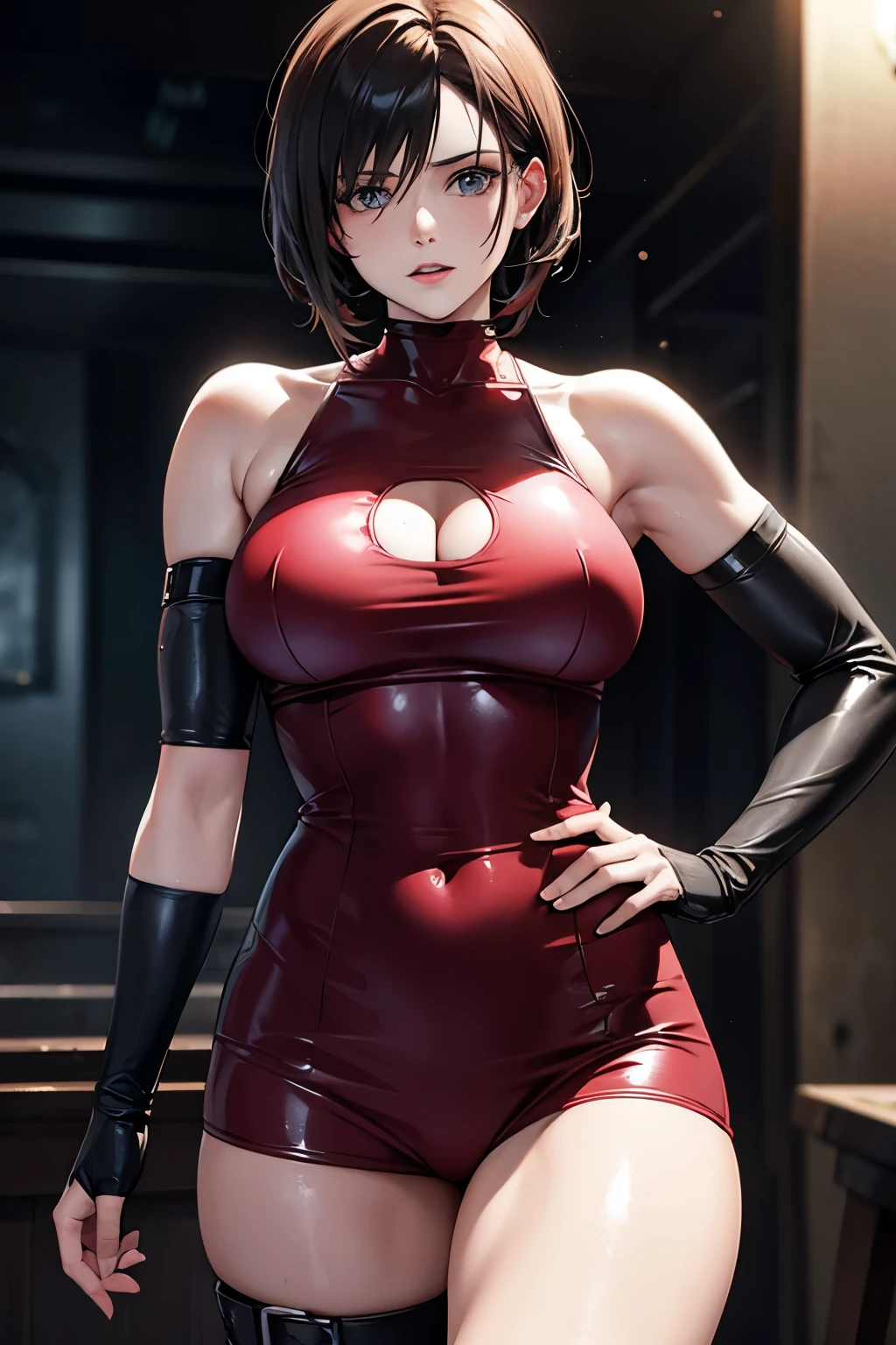 masterpiece, high-detail,  reginaDC, regina, dino crisis, 1girl, female, athletic woman,short red hair, sexy expression,  , black bodysuit, gray fabric layer under bodysuit, young, bare shoulders, tactical fingerless gloves, huge breasts, skin tight leotard