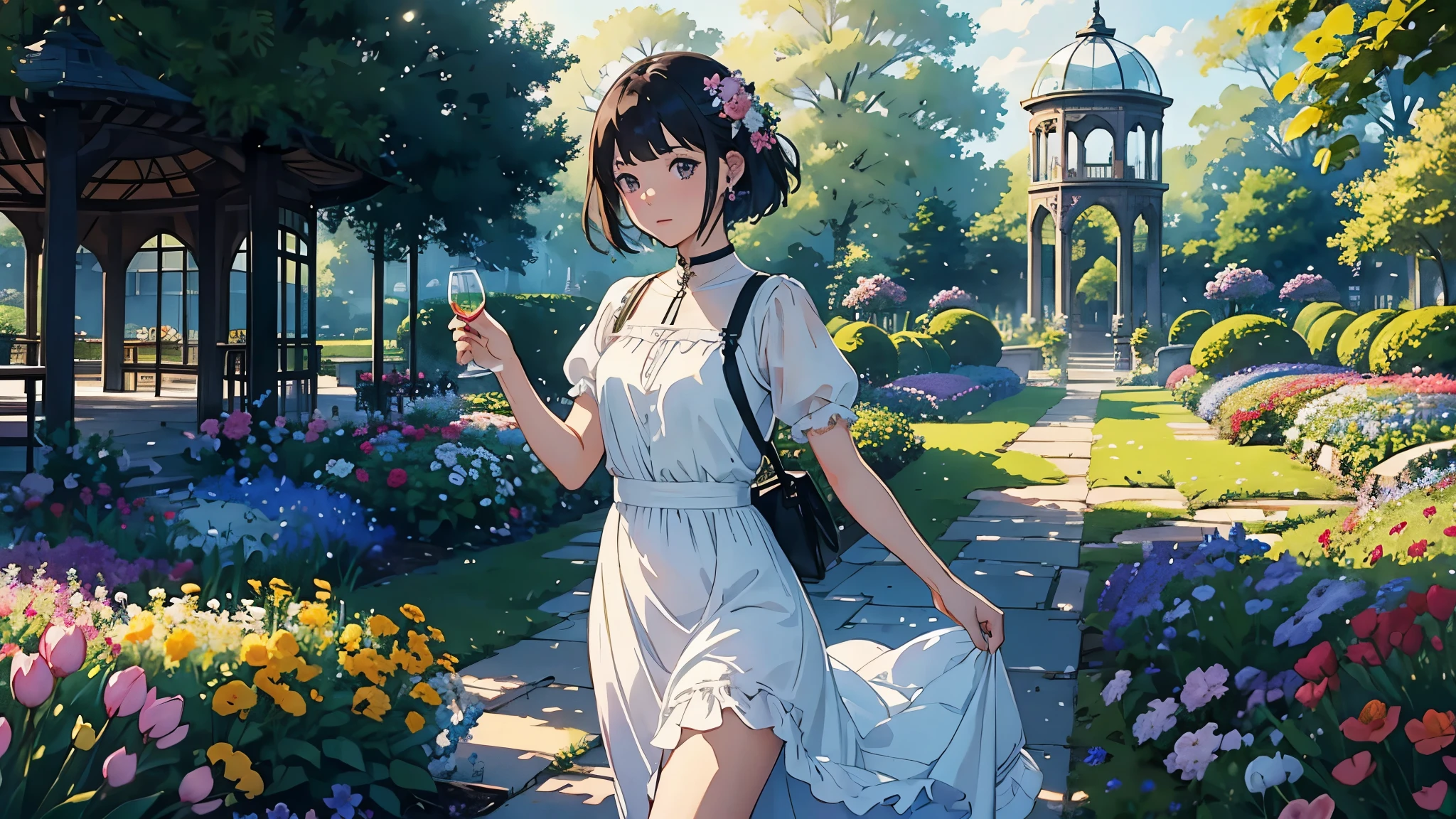 (highest quality、masterpiece、High resolution)、(Sargent style watercolor)、(anime art)、(two women)、18-year-old、Taking care of flowers、watering、medium short hair、black hair、braided hair、apron dress、White blouse and long skirt、cinematic light、soft light、A botanical garden in a giant glass dome、squirt、gazebo、(lots of flowers)、A garden with dancing petals、butterfly々is flying、blur the background、