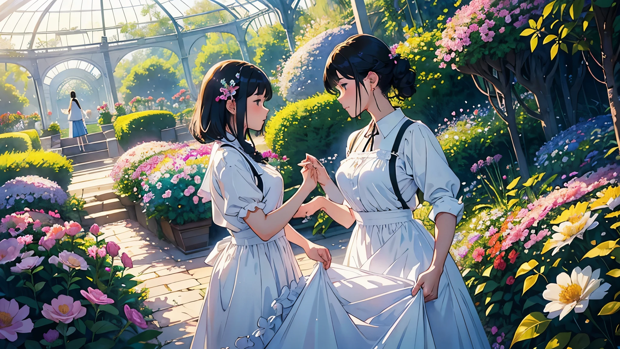 (highest quality、masterpiece、High resolution)、(Sargent style watercolor)、(anime art)、(two women)、18-year-old、Taking care of flowers、watering、medium short hair、black hair、braided hair、apron dress、White blouse and long skirt、cinematic light、soft light、A botanical garden in a giant glass dome、squirt、gazebo、(lots of flowers)、A garden with dancing petals、butterfly々is flying、blur the background、