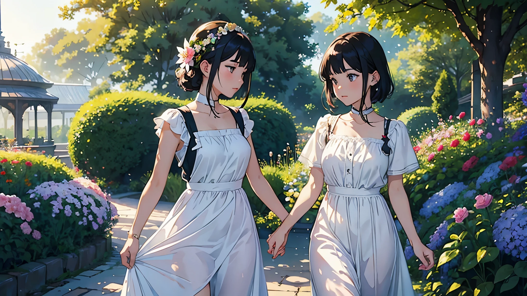 (highest quality、masterpiece、High resolution)、(Sargent style watercolor)、(anime art)、(two women)、18-year-old、Taking care of flowers、watering、medium short hair、black hair、braided hair、apron dress、White blouse and long skirt、cinematic light、soft light、A botanical garden in a giant glass dome、squirt、gazebo、(lots of flowers)、A garden with dancing petals、butterfly々is flying、blur the background、