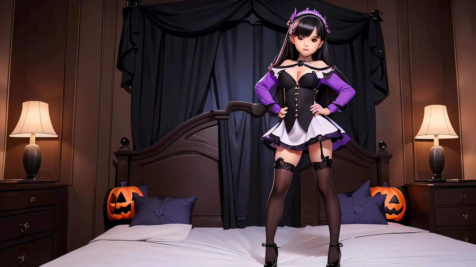 dark night cemetery (((I enter my two little sisters' room and find them))), ((total bimbofication)), dynamic pose, ((((dressed as little halloween cosplayer)))) , she is beautiful)), her incredible fantasy hair and her beautiful and tender face of a sex addict, playing like a little woman, ((with her huge and gigantic perky breasts naked outside the dress coming out of her clothes)), ((with a very small, extremely short, tiny skirt showing her pussy perfect)), with thigh high stockings, ((she is little short and very sexy, perfect, she looks younger even than her age)), she is only 18 years old, and she is a naughty horny pervert, her beautiful and tender face is naughty and sweet, they say that tonight will be special, ((full body view)),