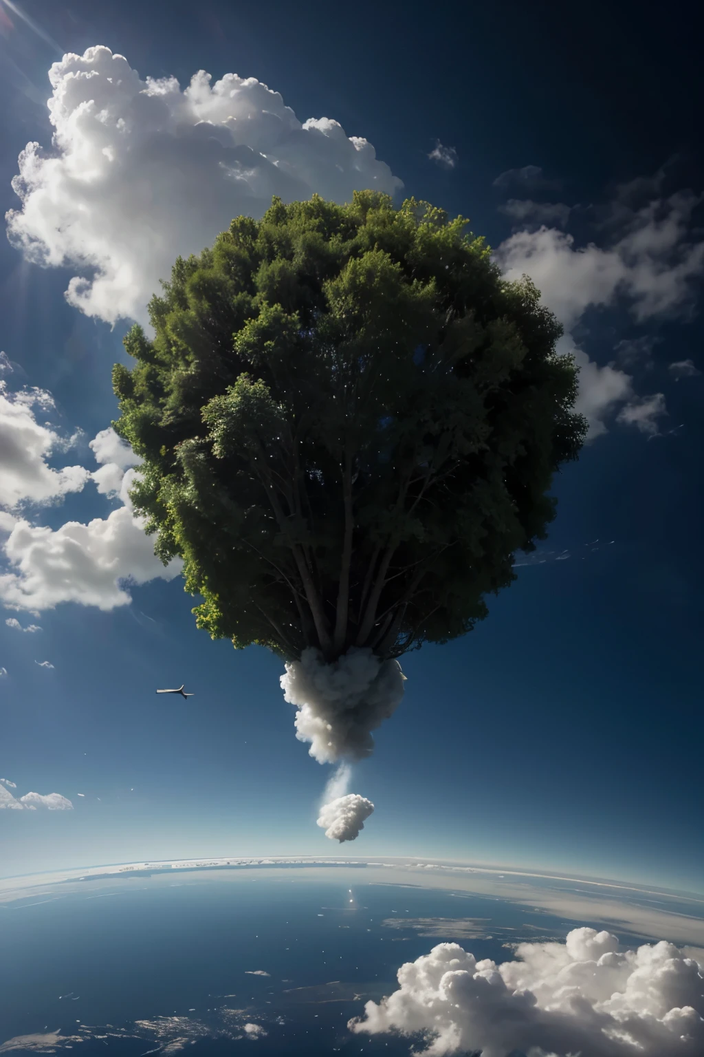 Planète terre vu de l'espace avec un nuage de fumée en forme d'arbre