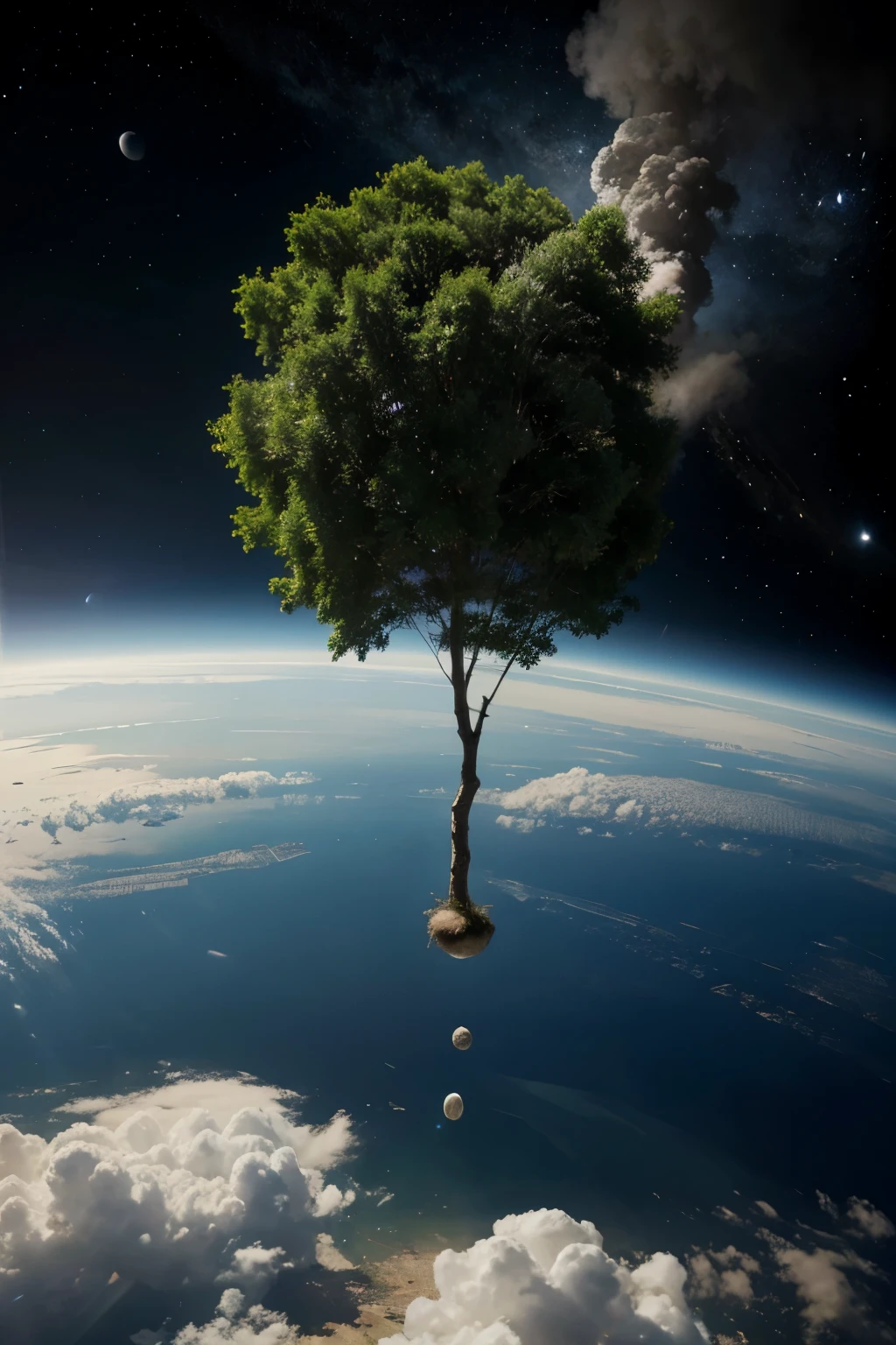 Planète terre vu de l'espace avec un nuage de fumée en forme d'arbre