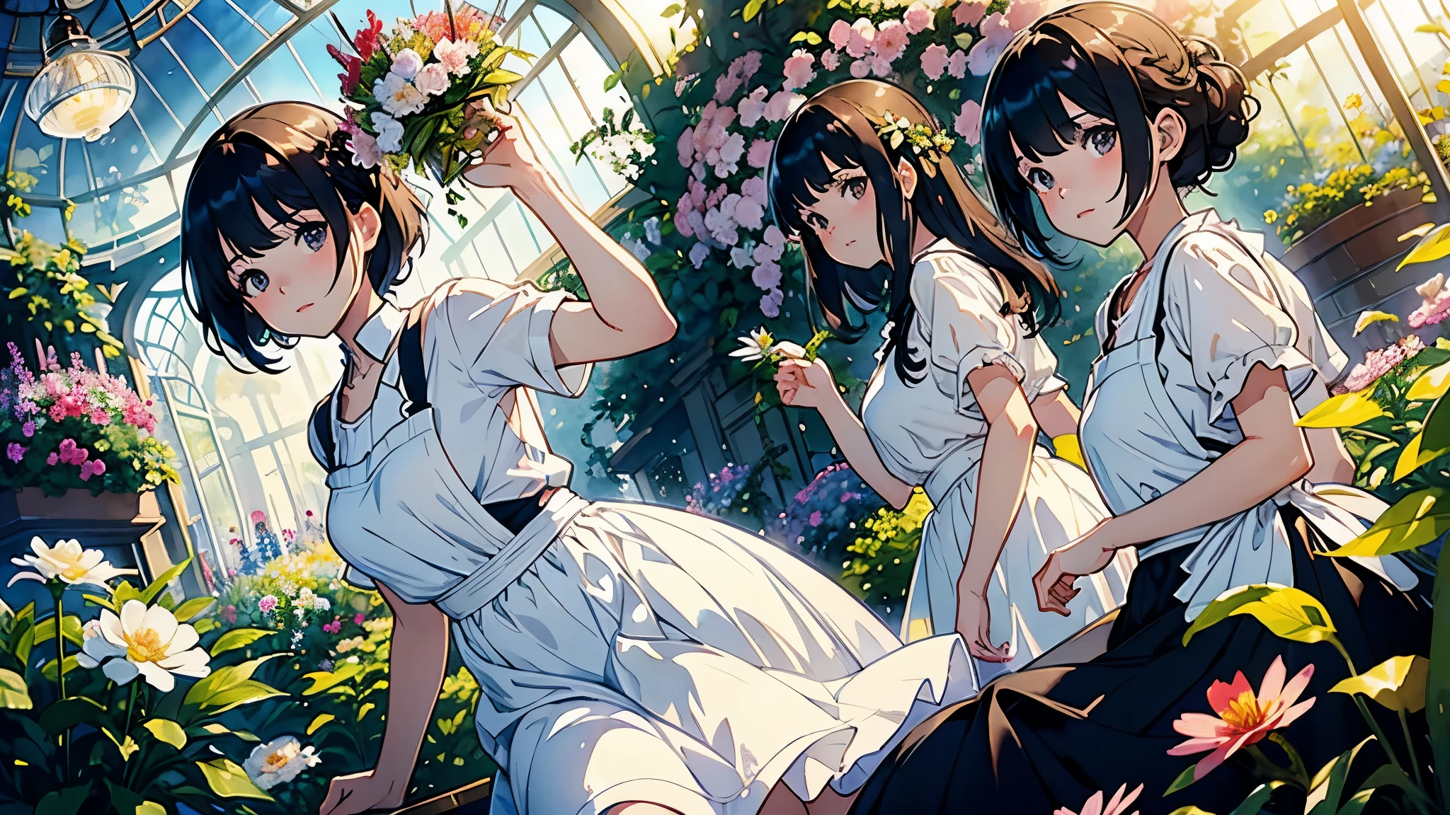 (highest quality、masterpiece、High resolution)、(Sargent style watercolor)、(anime art)、(two women)、18-year-old、Taking care of flowers、watering、medium short hair、black hair、braided hair、apron dress、White blouse and long skirt、cinematic light、soft light、A botanical garden in a giant glass dome、squirt、gazebo、(lots of flowers)、A garden with dancing petals、butterfly々is flying、blur the background、