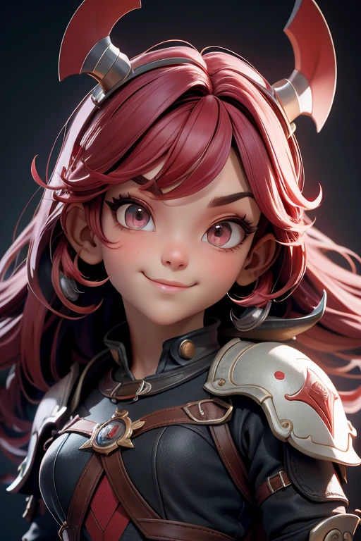 Hermosa cabeza femenina vikinga, pelo rojo, disfraz de guerrera vikinga, en globo de nieve, sonrisa suave, Lindo retrato de cuerpo entero, figura esbelta de pie, Personaje de dibujos animados, personaje de pixar, medieval, Renderizado 3D, symatic lighting, Trazado de rayos. Rojo crujiente, luz radiante, bosque misteriosa, (la mejor calidad, 8K, high resolution, obra maestra:1.2), caprichoso.