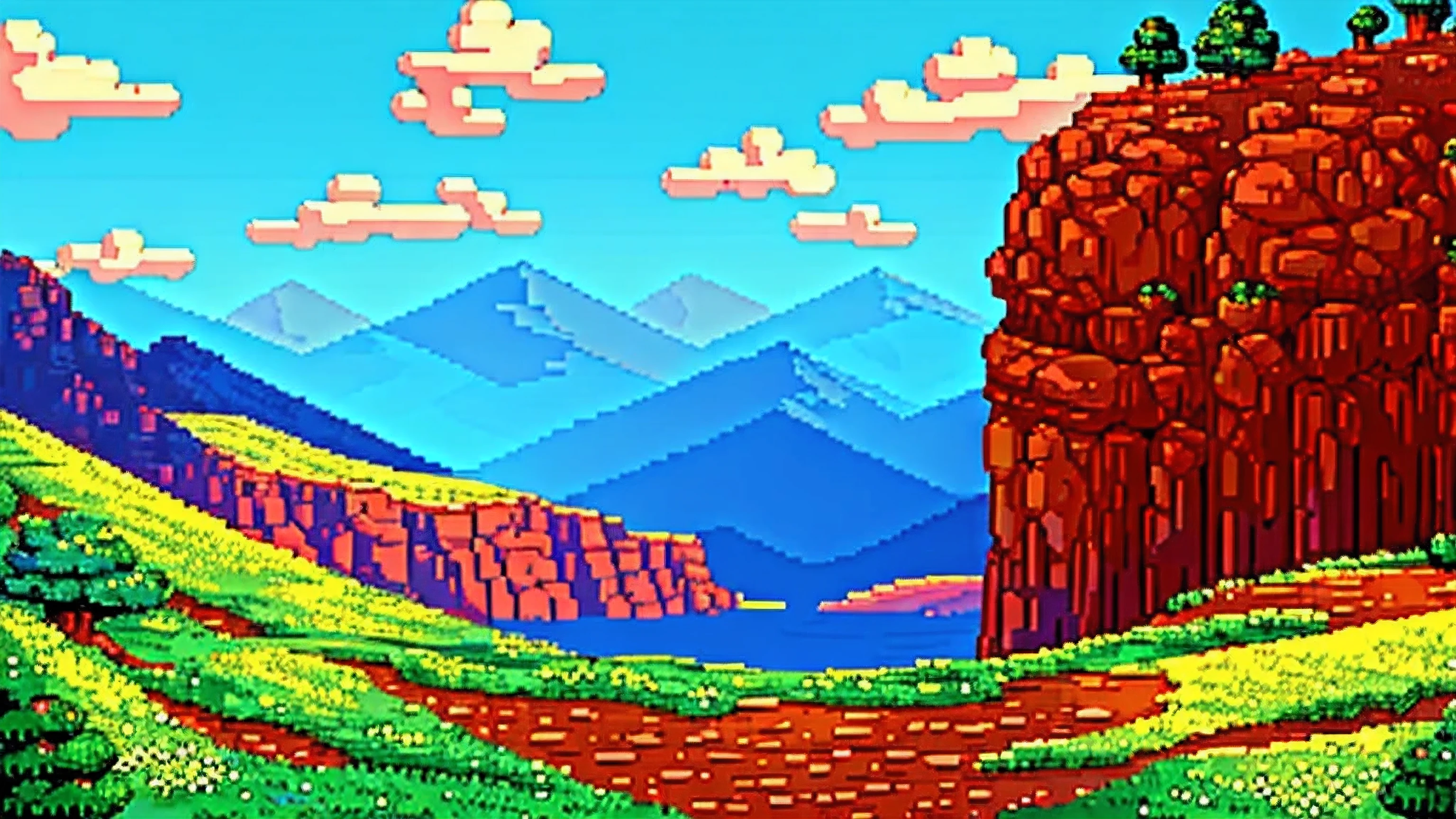 Beautiful landscape against the backdrop of mountains and blue sky, pixelart style