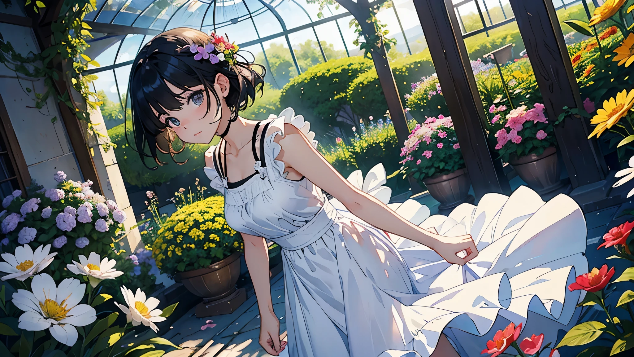 (highest quality、masterpiece、High resolution)、(Sargent style watercolor)、(anime art)、(two women)、18-year-old、Taking care of flowers、watering、medium short hair、black hair、braided hair、apron dress、White blouse and long skirt、cinematic light、soft light、A botanical garden in a giant glass dome、squirt、gazebo、(lots of flowers)、A garden with dancing petals、butterfly々is flying、blur the background、