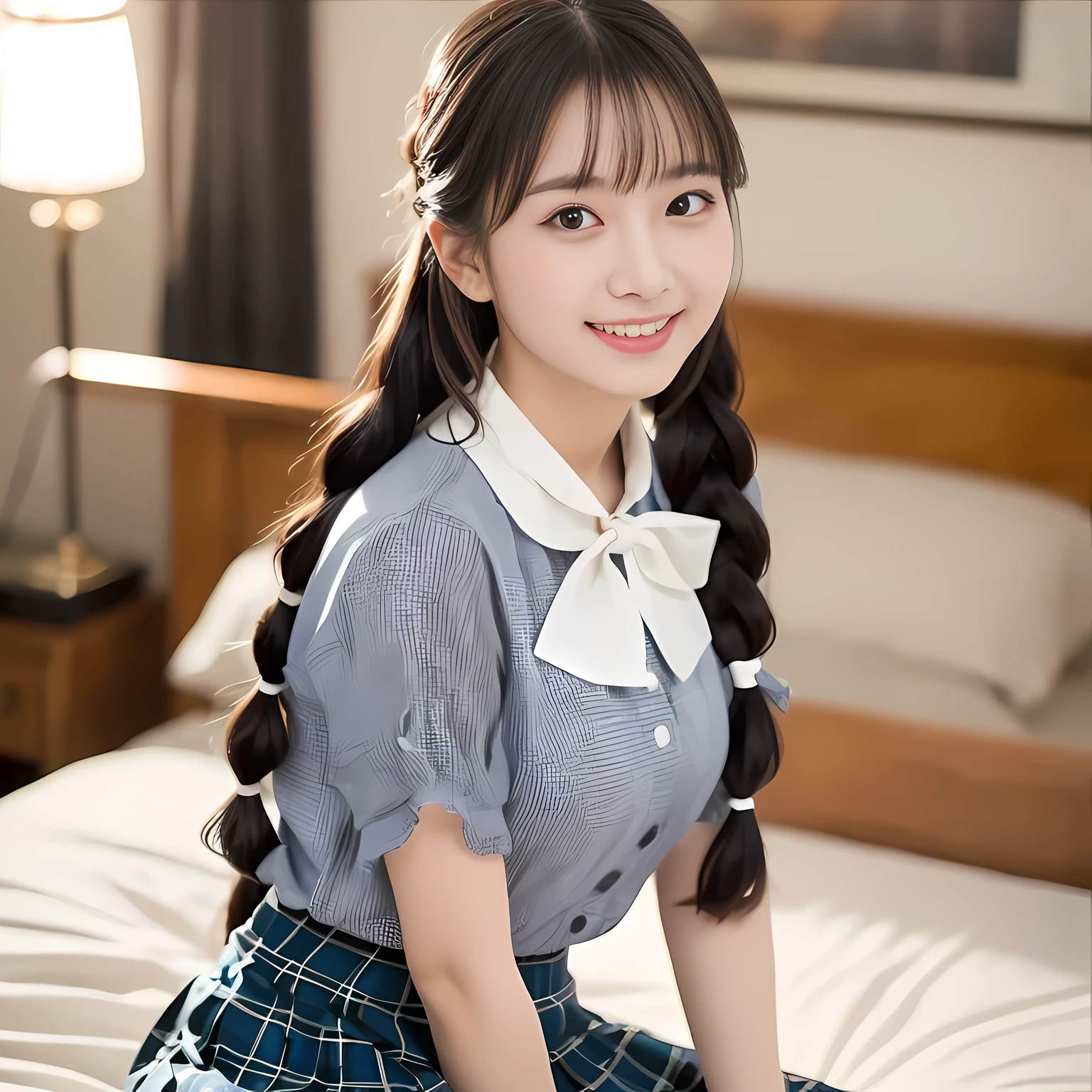 (highest quality、masterpiece:1.2)、highest quality、realistic、photograph、High resolution、1080p、8K、Pale, rough skin、The face is especially pale., physical rendering、((Height: 155cm)), one Japanese girl、A Japanese -like siren sitting on a luxurious pink bed、cute japanese girl, 14 years old, , (((biled beautiful dark brown eyes))), ((blue girly large wine-red glossy polyester Japanese school ribbon bow tie)), ((((very beautiful black long braids hair)))), ((((deep blue colored tartan checkered formal long pleated pleated skirt)))), ((Shiny beige blouse)), (((Looking at the viewers with loving eyes, smiling))), ((((Very happy)))), mouth is open, The big skirt is very cute, detailed fingers, Slender body, ((curled bangs)), so beautiful, long eyelashes, ((Very big and very very very cute eyes of a Japanese girl)), ((large pupils)), double eyelids, The entire skirt is photographed, Very cute face, thin eyebrows, ((drooping eyes)), ((long eyelashes)), ((cute lovely laughing cheeks)), ((The pure white light hits her face from the front, making her skin and eyes shine beautifully.)), (((((Very neat, very neat, very neat and intelligent face))))), shot from the side, ((idol face)), ((The sun is shining on my cheeks))