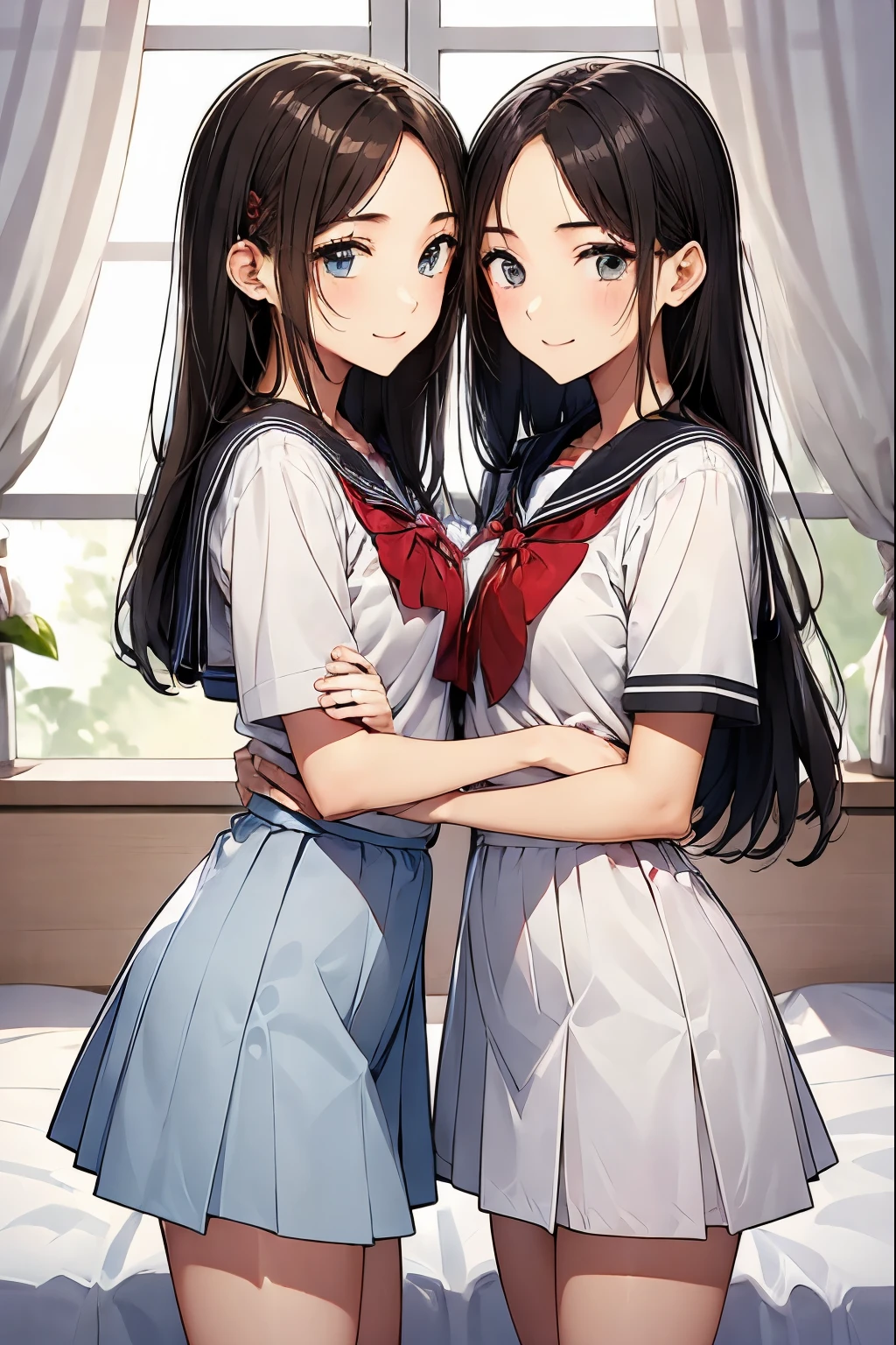 Two high school girls kissing on the bed、seductive smile、