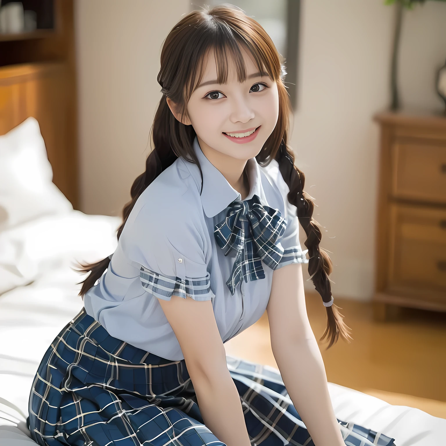 (highest quality、masterpiece:1.2)、highest quality、realistic、photograph、High resolution、1080p、8K、Pale, rough skin、The face is especially pale., physical rendering、((Height: 155cm)), one Japanese girl、A Japanese middle school student-like siren sitting on a luxurious pink bed、cute japanese girl, ************, , (((big very detailed beautiful dark brown eyes))), ((blue girly large wine-red glossy polyester Japanese school ribbon bow tie)), ((((very beautiful black long braids hair)))), ((((deep blue colored tartan checkered formal long pleated pleated skirt)))), ((Shiny beige blouse)), (((Looking at the viewers with loving eyes, smiling))), ((((Very happy)))), mouth is open, The big skirt is very cute, detailed fingers, Slender body, ((curled bangs)), so beautiful, long eyelashes, ((Very big and very very very cute eyes of a Japanese girl)), ((large pupils)), double eyelids, The entire skirt is photographed, Very cute face, thin eyebrows, ((drooping eyes)), ((long eyelashes)), ((cute lovely laughing cheeks)), ((The pure white light hits her face from the front, making her skin and eyes shine beautifully.)), (((((Very neat, very neat, very neat and intelligent face))))), shot from the side, ((idol face)), ((The sun is shining on my cheeks))