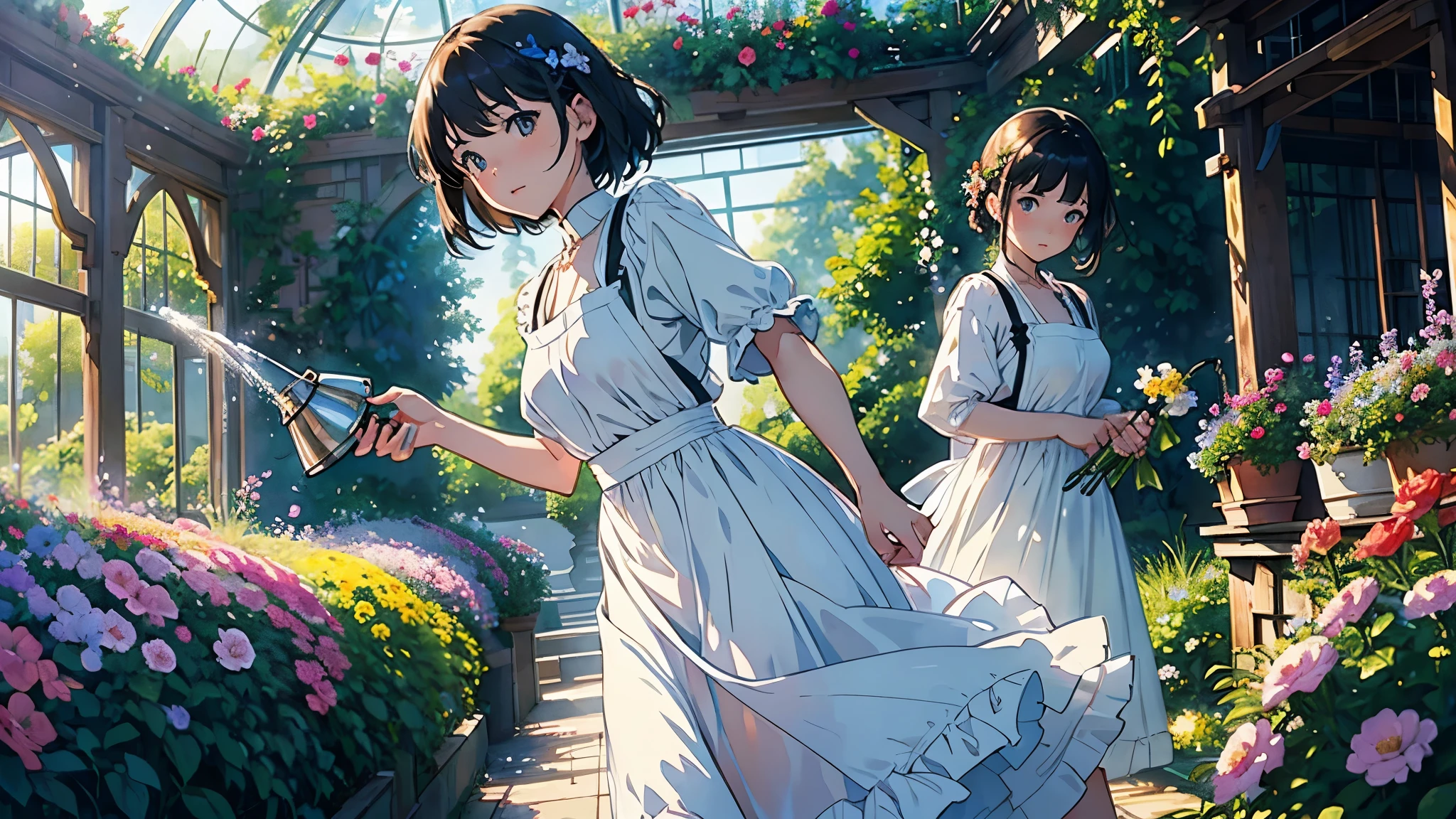 (highest quality、masterpiece、High resolution)、(Sargent style watercolor)、(anime art)、(two women)、18-year-old、Taking care of flowers、Watering with a watering can、medium short hair、black hair、braided hair、apron dress、White blouse and long skirt、cinematic light、soft light、A botanical garden in a giant glass dome、squirt、gazebo、(lots of flowers)、A garden with dancing petals、butterfly々is flying、blur the background、