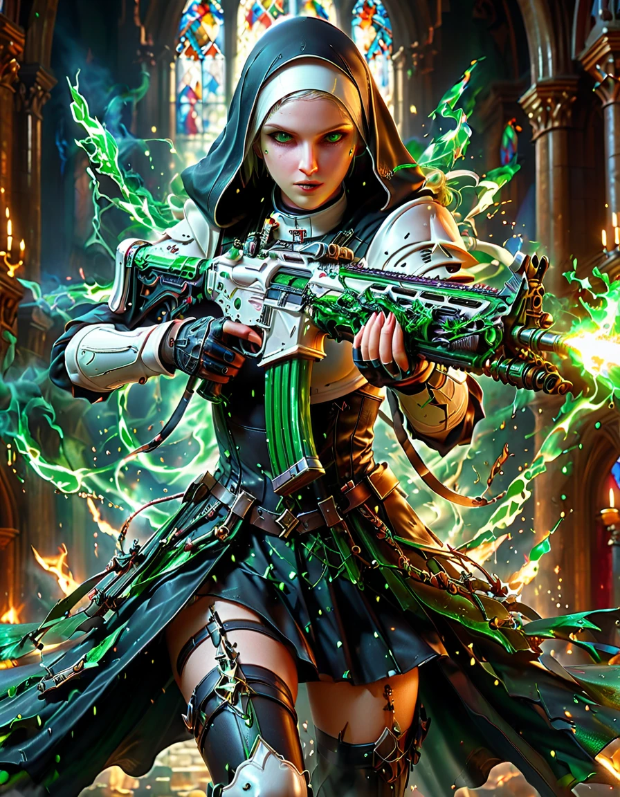 (nun in beautiful church:1.6),holding assault rifle,Green magic element,green fire,Fantasy fairy tale background,fear,bloody,Ultra HD animation,Beautiful animation,Neon lights,(Liquid light background),(UHD, masterpiece, ccurate, anatomically correct, textured skin, super detail, high details, award winning, best quality, 8k)