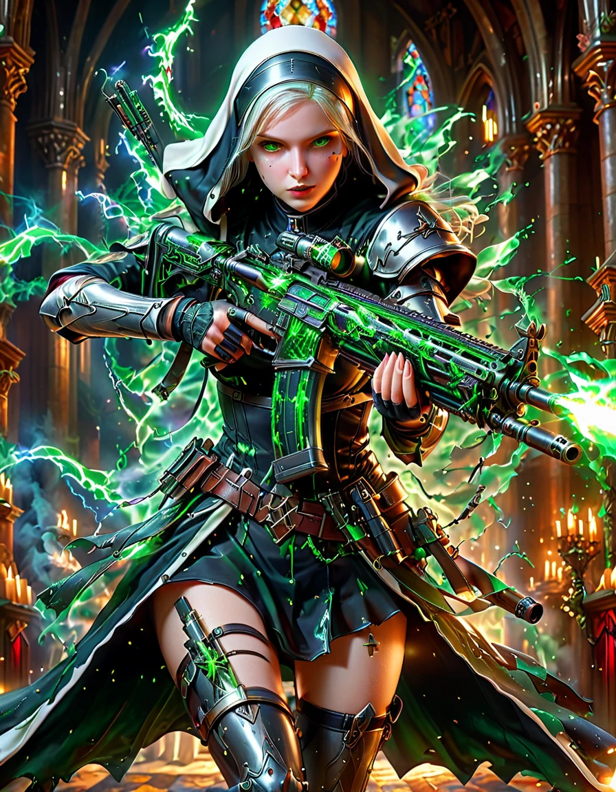 (nun in beautiful church:1.6),holding assault rifle,Green magic element,green fire,Fantasy fairy tale background,fear,bloody,Ultra HD animation,Beautiful animation,Neon lights,(Liquid light background),(UHD, masterpiece, ccurate, anatomically correct, textured skin, super detail, high details, award winning, best quality, 8k)