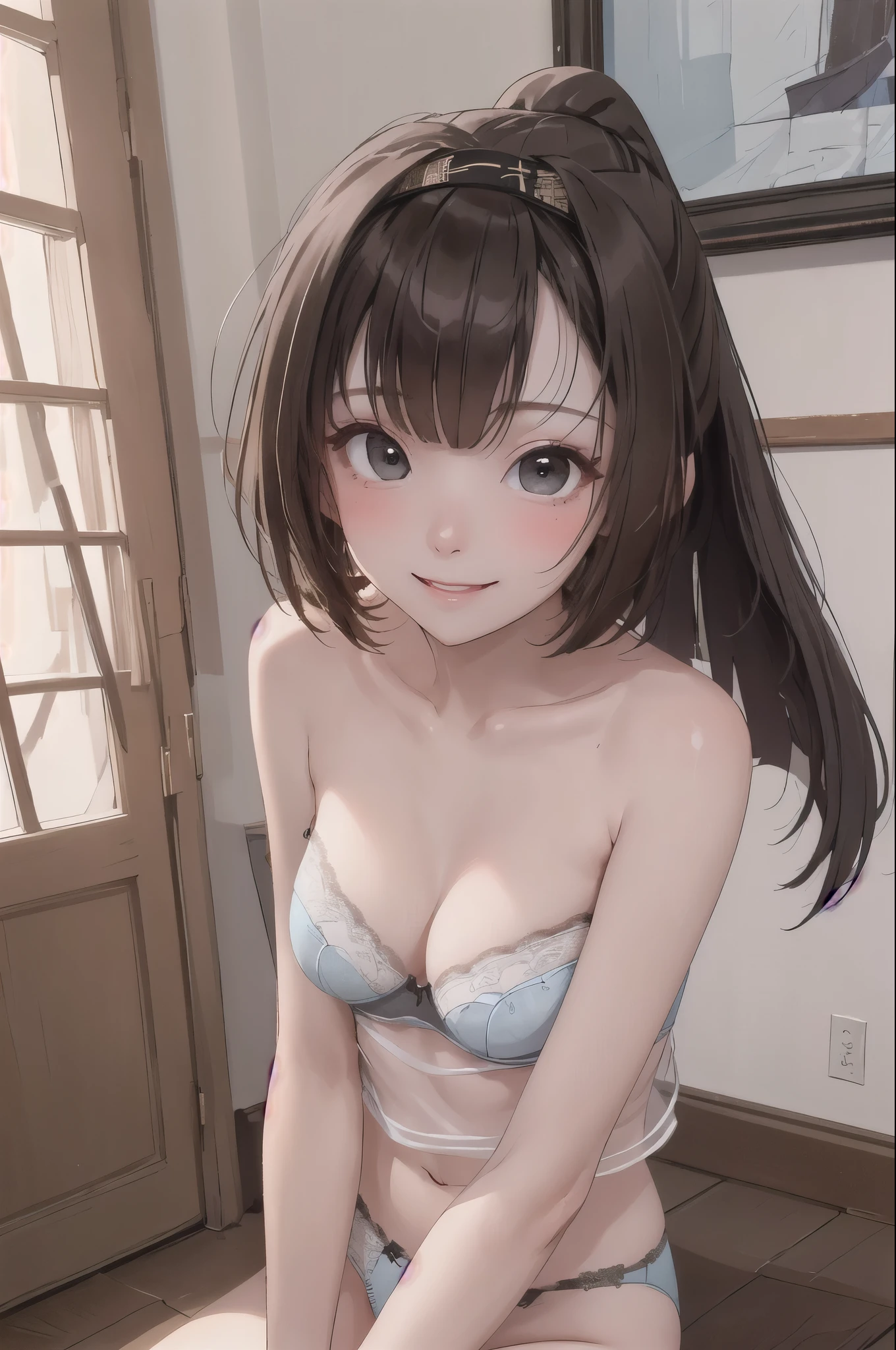 (masterpiece, highest quality:1.4), highest quality, masterpiece, High resolution,
(perfect anatomy), (symmetrical eyes, highly detailed eyes, beautiful eyes), (, super detailed face, beautiful face), (black eyes),
destroy the girl, alone,,((NSFW))
QiuyueKC, (Qiuyue) (black) head band,
壊す
looking at viewer, cowboy shot, towards the audience, smile, (indoor, office, living room),
In underwear, panties, bra, (Pale light blue underwear), spread your legs, lingerie