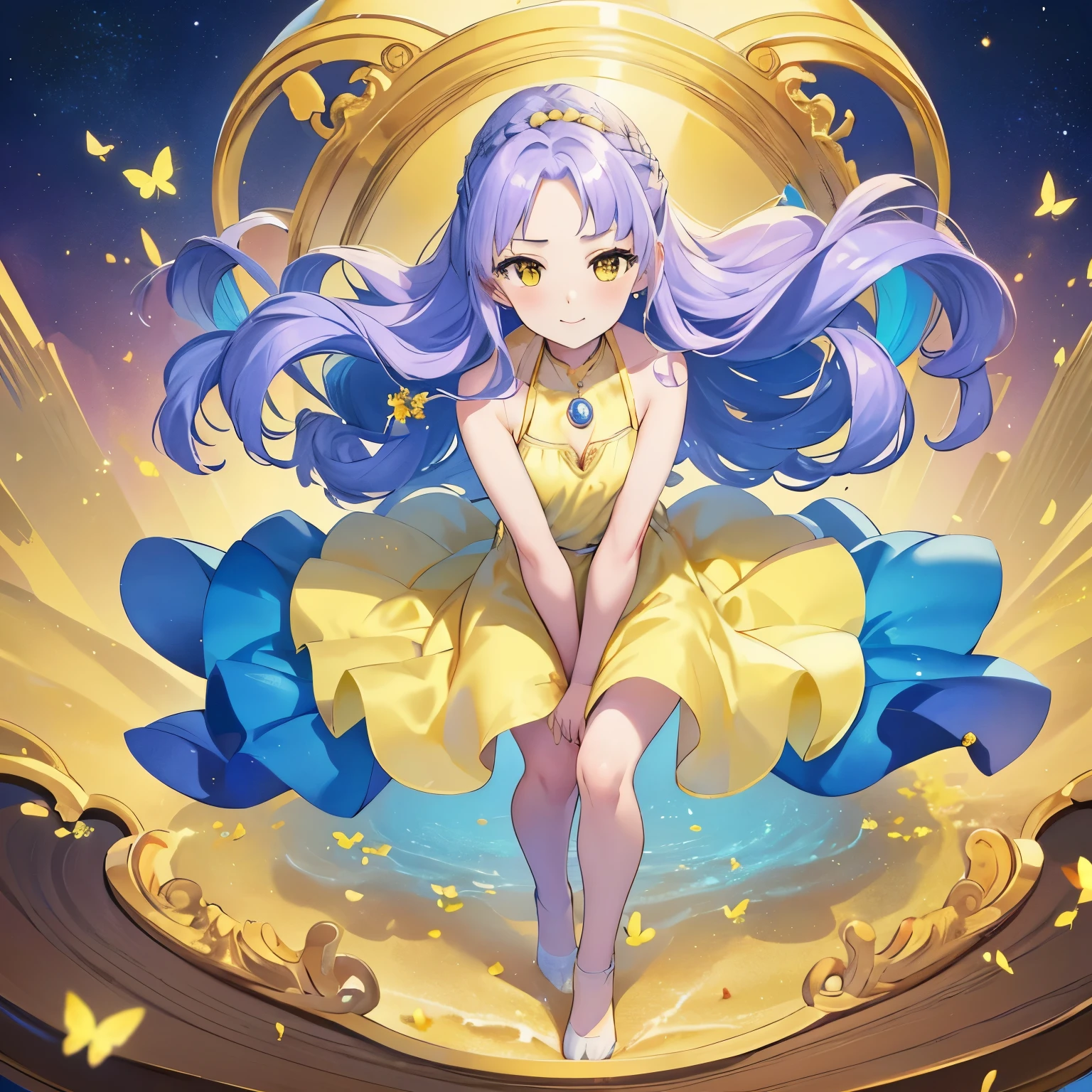 Best quality , masterpiece ,Fantasy scene ,
 ojou curls,young,cute ,long blonde hair( side bangs , big braided bangs, forehead),yellow eye,yellow sleeveless dress ,bare arms,young,petite(small top)cat girl,small smiling,floating,oval shape golden necklace, Bubbles,luminous  big
 Flower, bright shiny background  , full body, colourful round bubbles ,big planet in the sky,cosmos,a luminous colourful shiny gem in hand, colourful gem tree,luminous blue butterfly, violet and purple butterfly ,yellow butterflies ,bare_tree(gold trunks,gold leaf) ,yellow and white theme flower ground,yellow and white theme,sit on fower, holding gem