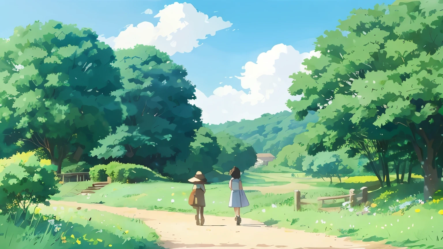 Beautiful countryside scenery, blue sky, lots of white and yellow wild flowers, without kids, studio ghibli style --ar 16:9 --s 50 --niji 5