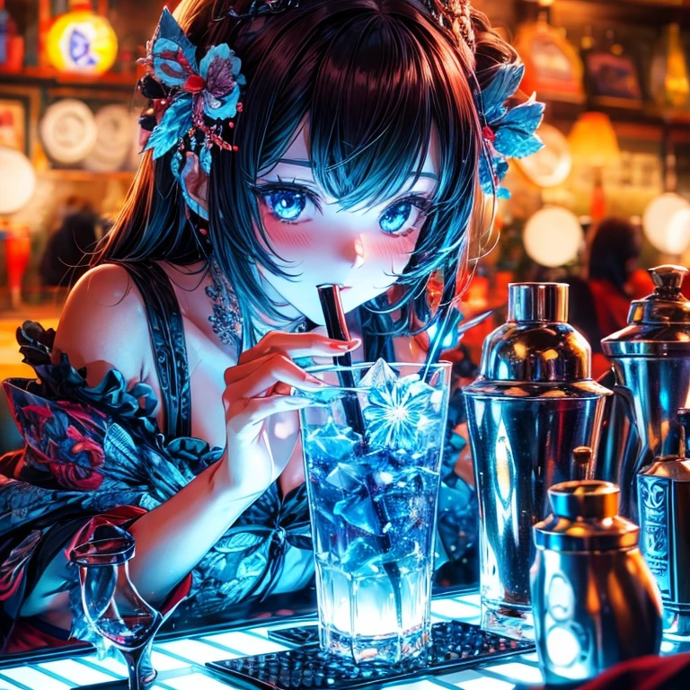 closeup of "China blue" Cocktail art on luminous bar counter, high quality waifu cinematic anime with cute avantgarde fashion style, idol waifu girl watching holding the tall glass of blue liquor, with tender eyes deeply drunk face, shaker on counter. 