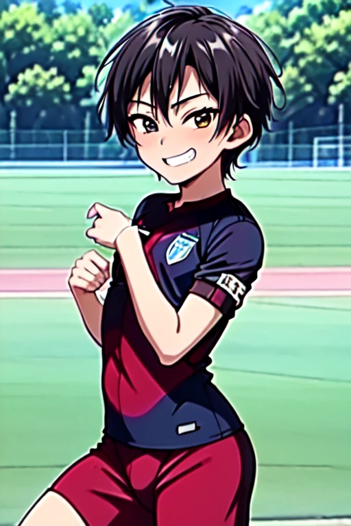 (((Official Art,Super thin illustration,High resolution, Mastepiece, Best Quality,Best Quality,)))high quality, detailed, (Little Boy),12 years old,(((solo)))、 A young ace striker male idol with a super cute face,A boy as beautiful as Planding, Cool handsome face with a smile, soccer spike, Beautiful long legs, Thighs, Foots, No bulge, (Black Hair、Short Hair)、Shiny Hair, (Tight shiny random color soccer uniform suit), (tight and shiny soccer shorts), (soccer socks), Grassland, Cool pose, (厚いThighs、Seducing a big ass into your crotch)、(((soccer field in the park)))、((Saucy、))、Grinning、Spread legs,Ultra-fine painting, (Best Quality, 4K, 8K, High resolution, Mastepiece:1.2),Service shot、((detailedな目:1.2))、showing off his big butt、proud butt、