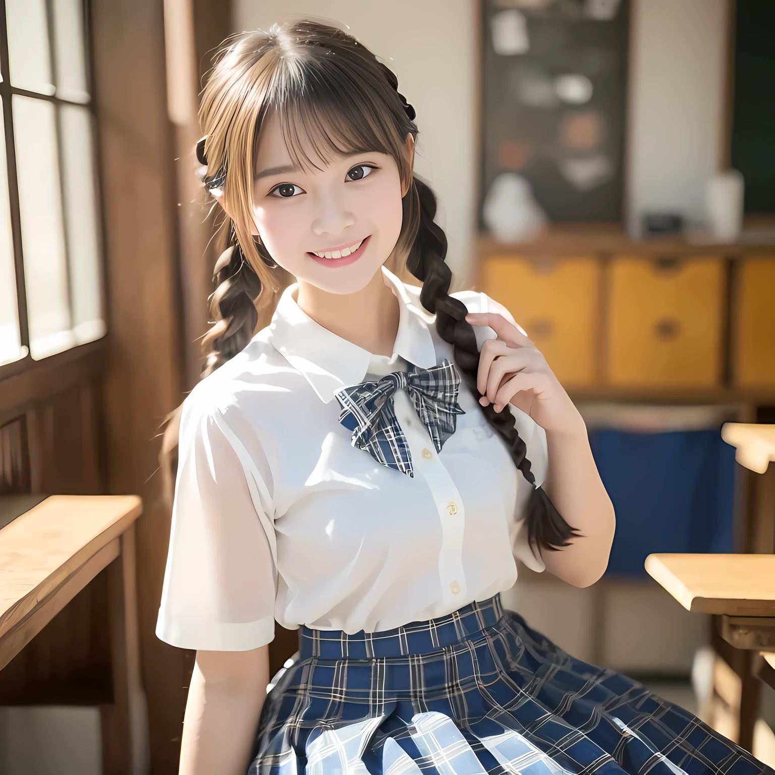 (highest quality、masterpiece:1.2)、highest quality、realistic、photograph、High resolution、1080p、8K、Pale, rough skin、The face is especially pale., physical rendering、((Height: 155cm)), one Japanese girl、A siren-like Japanese junior high school student sitting in a school music room、cute japanese girl, 14 years old, , (((big very detailed beautiful dark brown eyes))), ((blue girly large wine-red glossy polyester Japanese school ribbon bow tie)), ((((very beautiful black long braids hair)))), ((((deep blue colored tartan checkered formal long pleated pleated skirt)))), ((Shiny beige blouse)), (((Looking at the viewers with loving eyes, smiling))), ((((Very happy)))), mouth is open, The big skirt is very cute, detailed fingers, Slender body, ((curled bangs)), so beautiful, long eyelashes, ((Very big and very very very cute eyes of a Japanese girl)), ((large pupils)), double eyelids, The entire skirt is photographed, Very cute face, thin eyebrows, ((drooping eyes)), ((long eyelashes)), ((cute lovely laughing cheeks)), ((The pure white light hits her face from the front, making her skin and eyes shine beautifully.)), (((((Very neat, very neat, very neat and intelligent face))))), shot from the side, ((idol face)), ((The sun is shining on my cheeks))