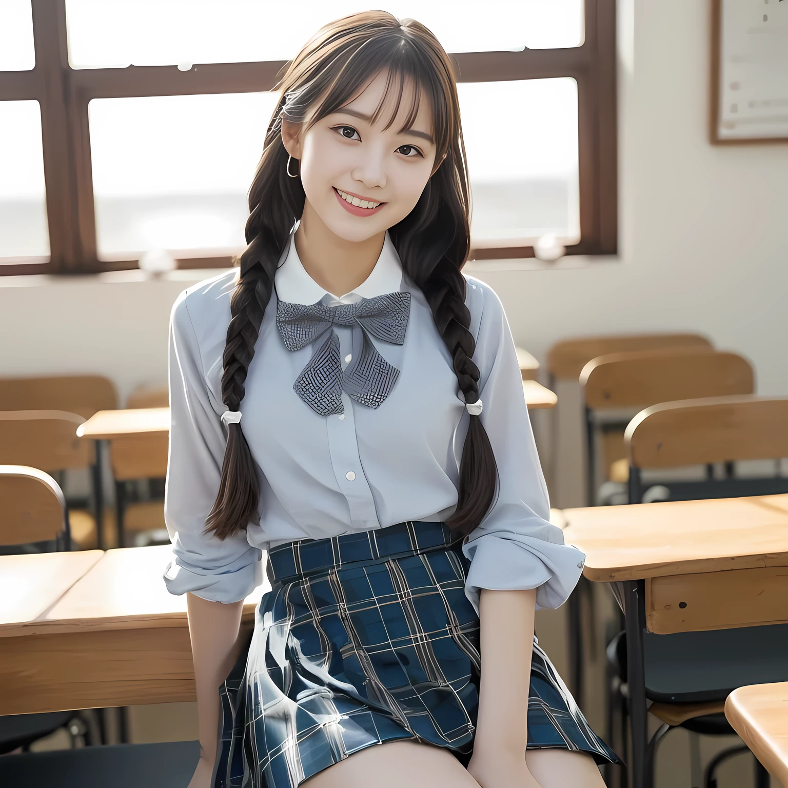 (highest quality、masterpiece:1.2)、highest quality、realistic、photograph、High resolution、1080p、8K、Pale, rough skin、The face is especially pale., physical rendering、((Height: 155cm)), one Japanese girl、A siren-like Japanese junior high school student sitting in a school music room、cute japanese girl, ************, , (((big very detailed beautiful dark brown eyes))), ((blue girly large wine-red glossy polyester Japanese school ribbon bow tie)), ((((very beautiful black long braids hair)))), ((((deep blue colored tartan checkered formal long pleated pleated skirt)))), ((Shiny beige blouse)), (((Looking at the viewers with loving eyes, smiling))), ((((Very happy)))), mouth is open, The big skirt is very cute, detailed fingers, Slender body, ((curled bangs)), so beautiful, long eyelashes, ((Very big and very very very cute eyes of a Japanese girl)), ((large pupils)), double eyelids, The entire skirt is photographed, Very cute face, thin eyebrows, ((drooping eyes)), ((long eyelashes)), ((cute lovely laughing cheeks)), ((The pure white light hits her face from the front, making her skin and eyes shine beautifully.)), (((((Very neat, very neat, very neat and intelligent face))))), shot from the side, ((idol face)), ((The sun is shining on my cheeks))