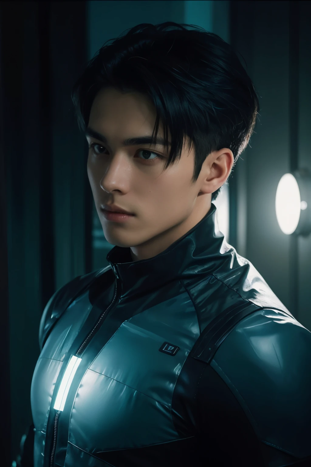 30 years old man, stubble, wearing transparent see-through futuristic clothes, breathtaking grandeur, LED internal lighting, cyberpunk style, fibre optic hair, glowing blue iris, muscular, best quality, masterpiece, intricate details, dynamic pose, dynamic angle, (surreal), (illustration), ((oil painting \(medium\):1.2)), sharp focus, soft lighting, vibrant colors, cinematic photography, dynamic angle, volumetric lighting, film grain, hard shadows