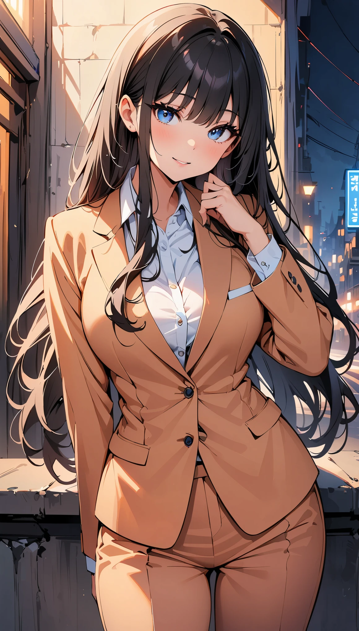 (highest quality, 4k, 8K high resolution, masterpiece:1.2), Super detailed, one person, woman, (black hair, long hair, blue eyes), standing pose, sexy atmosphere, attractive breasts, magic hour, (business suit), Emphasis on individuality and uniqueness, detailed and beautiful eyes, beautiful detailed lips, long eyelashes, bright colors, Photo Spot, in front of a white wall, cowboy shot, Soft and warm color palette.