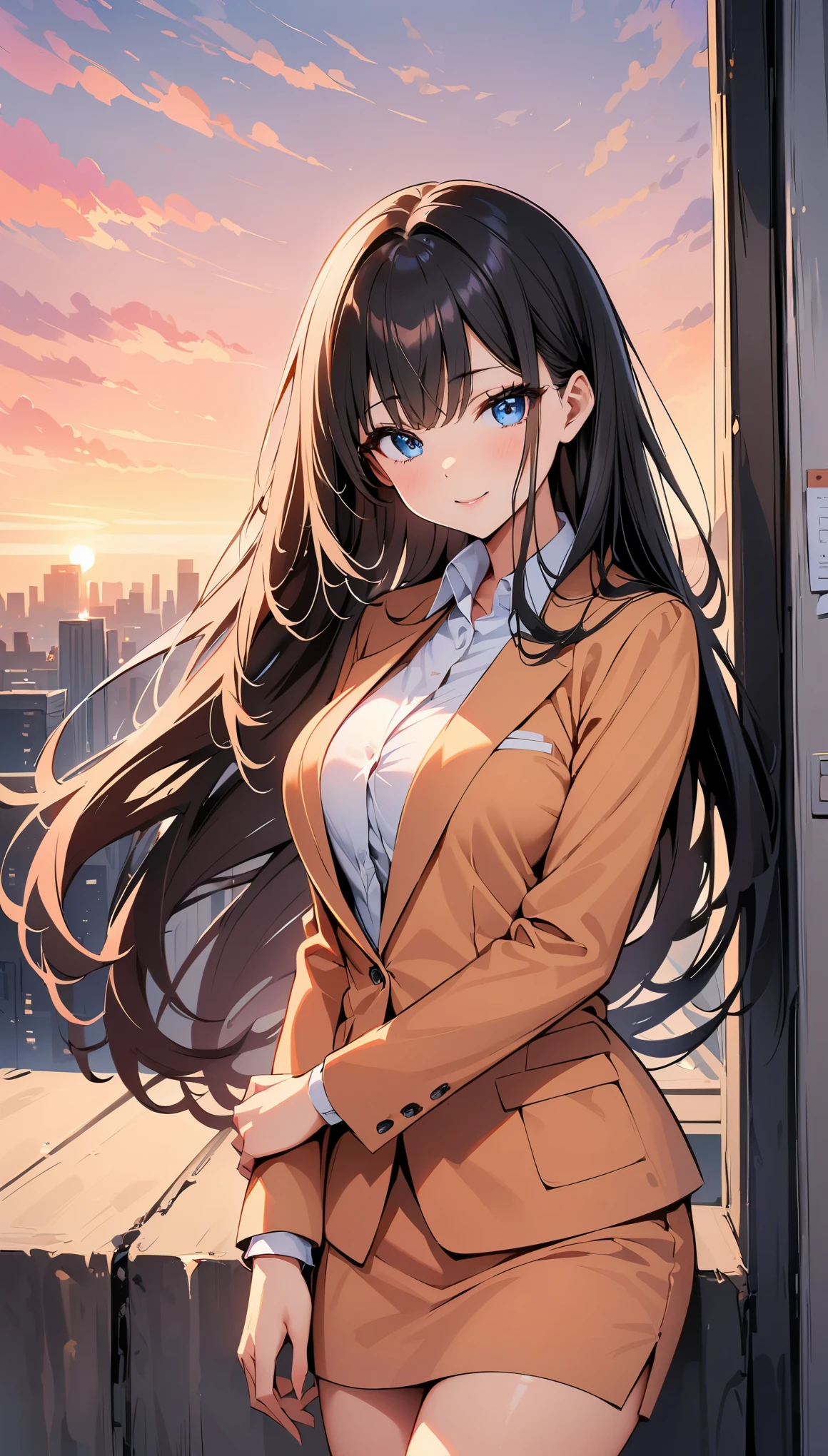 (highest quality, 4k, 8K high resolution, masterpiece:1.2), Super detailed, one person, woman, (black hair, long hair, blue eyes), standing pose, sexy atmosphere, attractive breasts, magic hour, (office uniform, office dress), Emphasis on individuality and uniqueness, detailed and beautiful eyes, beautiful detailed lips, long eyelashes, bright colors, Photo Spot, in front of a white wall, cowboy shot, Soft and warm color palette.