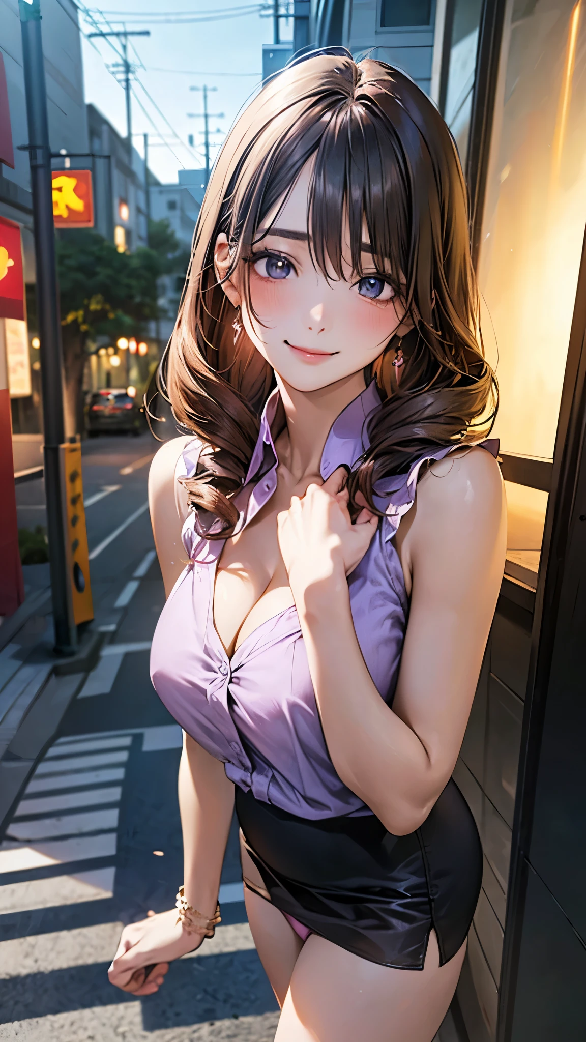 (masterpiece:1.2, top-quality), (realistic, photorealistic:1.4), beautiful illustration, (natural side lighting, movie lighting),
looking at viewer, cowboy shot, front view:0.6, 1 girl, japanese, high school girl, perfect face, cute and symmetrical face, shiny skin,
(long hair:1.8, drill hair:1.7, dark brown hair), hair between eye, emerald green eyes, long eye lasher, (large breasts:0.9, thick thighs),
beautiful hair, beautiful face, beautiful detailed eyes, beautiful clavicle, beautiful body, beautiful chest, beautiful thigh, beautiful legs, beautiful fingers,
((light purple sleeveless collared shirts, cleavage, black tight mini skirt, high heels)), pink panties,
(beautiful scenery), evening, riverside, walking, hands on chest, (lovely smile, upper eyes),