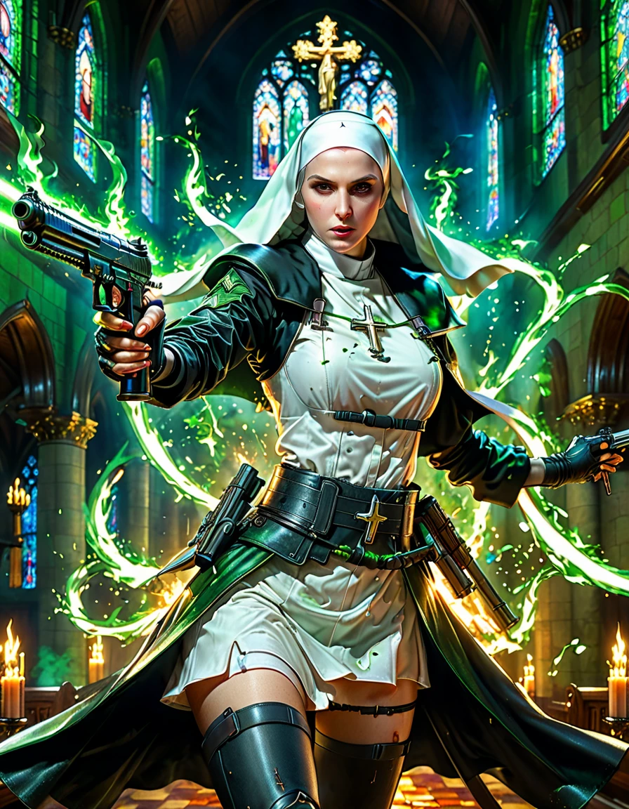 (nun in beautiful church:1.6),holding assault rifle,Green magic element,green fire,Fantasy fairy tale background,fear,bloody,Ultra HD animation,Beautiful animation,Neon lights,(Liquid light background),(UHD, masterpiece, ccurate, anatomically correct, textured skin, super detail, high details, award winning, best quality, 8k)